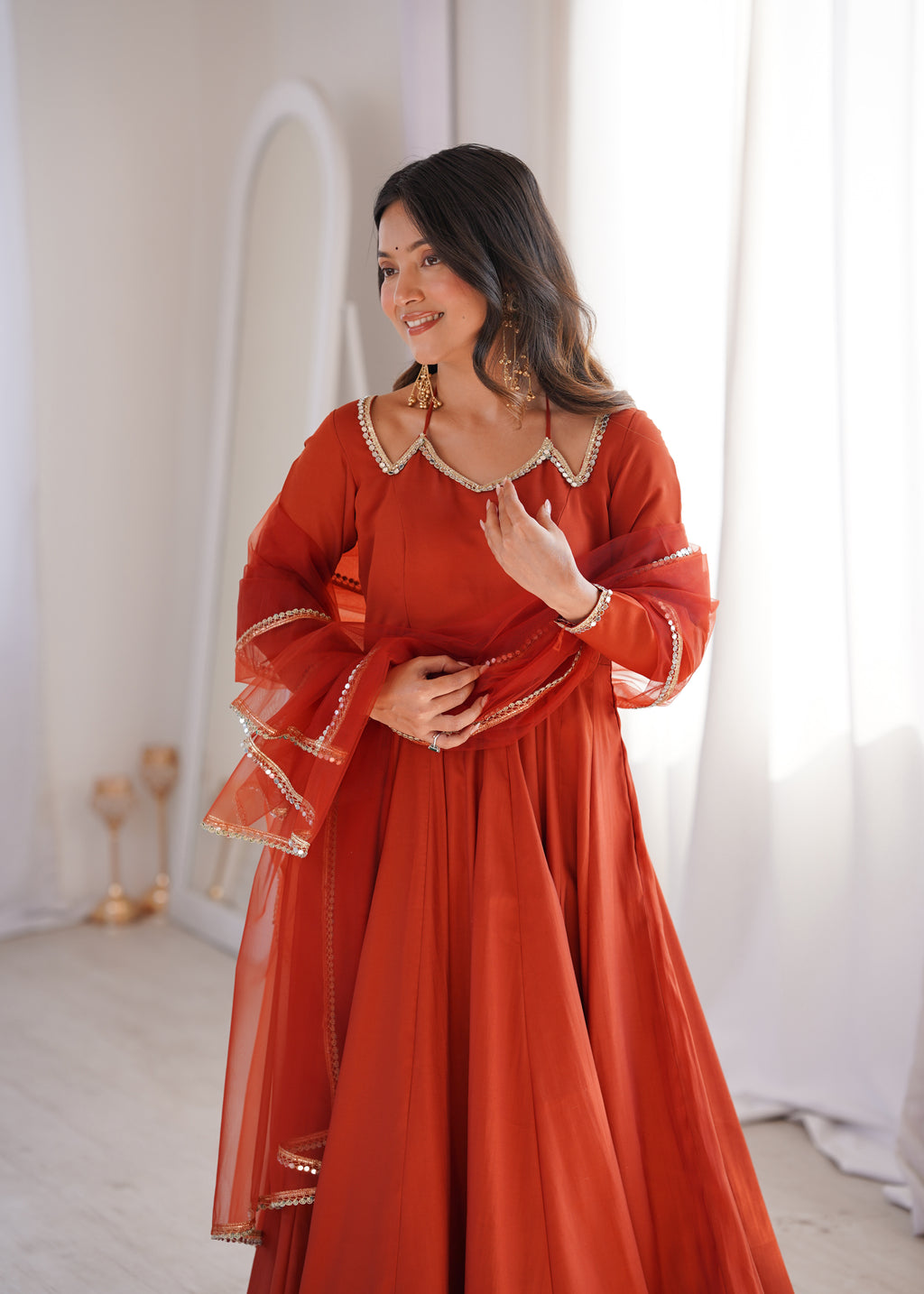RomanSilk Chanderi Flared Anarkali Gown with Mirror Lace Dupatta & Pant Set
