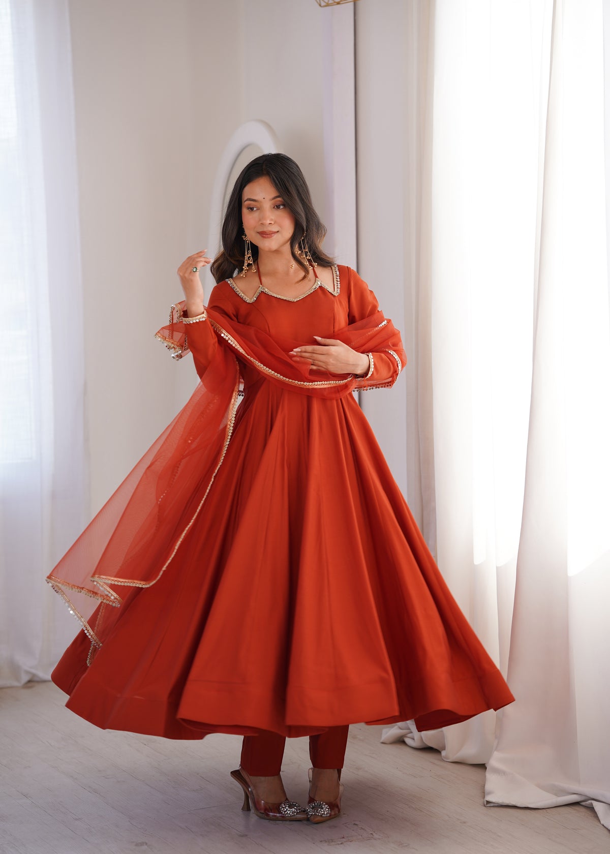 RomanSilk Chanderi Flared Anarkali Gown with Mirror Lace Dupatta & Pant Set