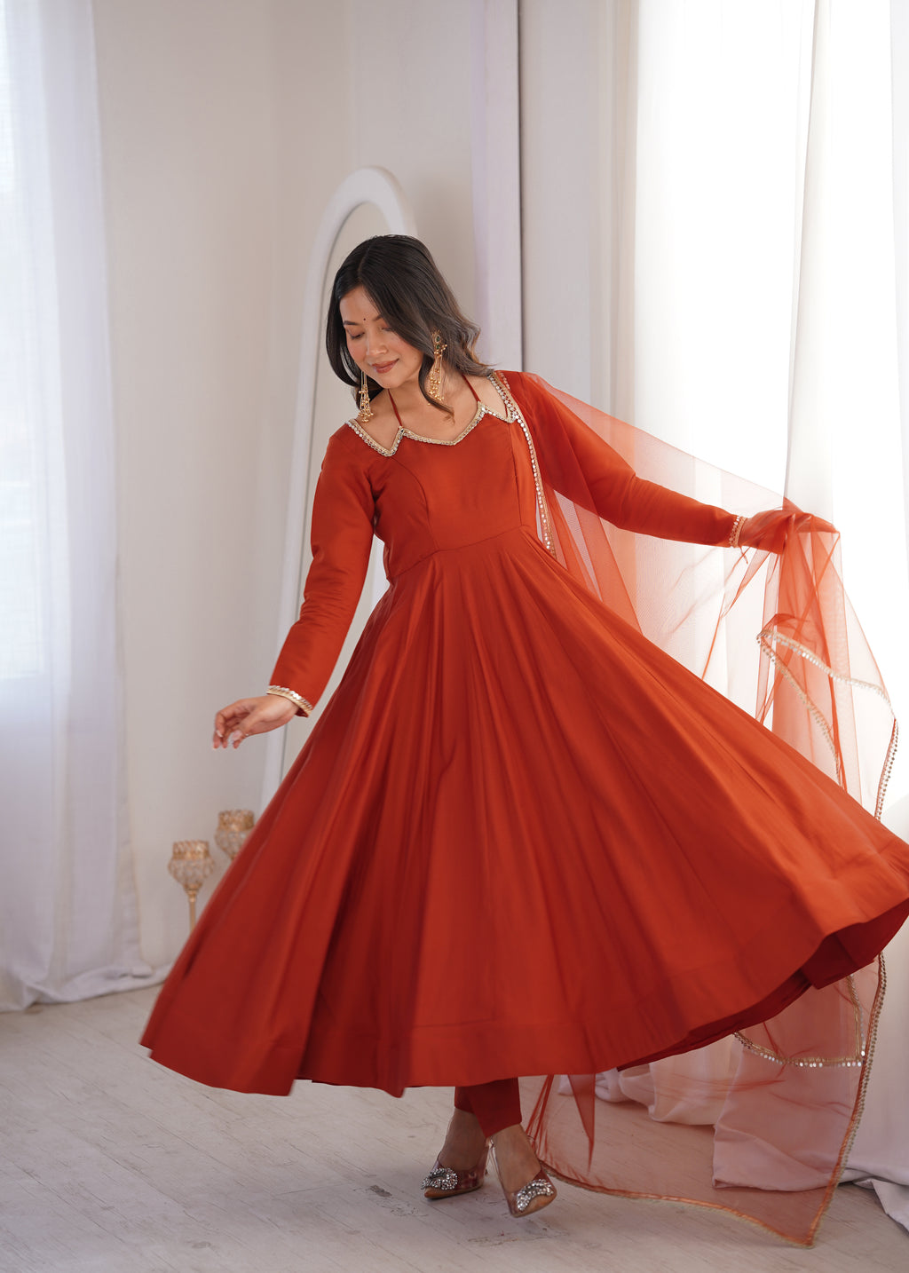 RomanSilk Chanderi Flared Anarkali Gown with Mirror Lace Dupatta & Pant Set