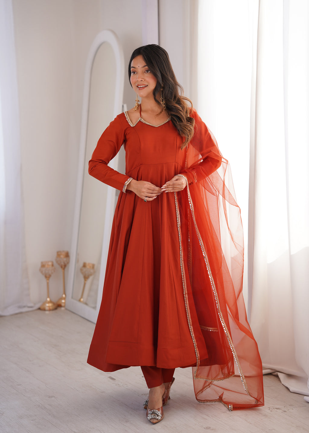 RomanSilk Chanderi Flared Anarkali Gown with Mirror Lace Dupatta & Pant Set