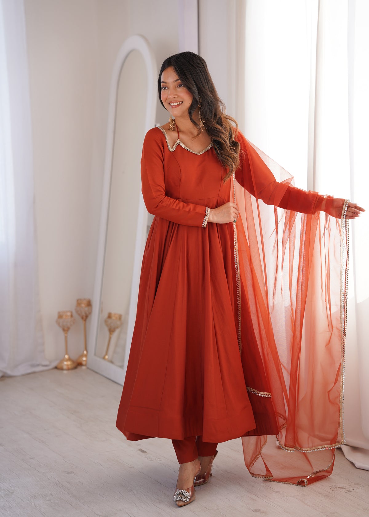 RomanSilk Chanderi Flared Anarkali Gown with Mirror Lace Dupatta & Pant Set