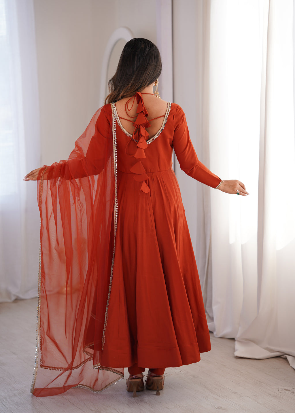 RomanSilk Chanderi Flared Anarkali Gown with Mirror Lace Dupatta & Pant Set