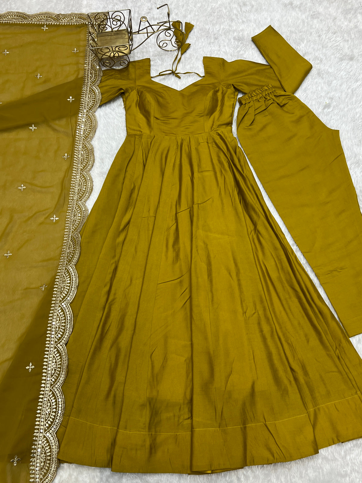 Romansilk Chanderi 16-Kali Anarkali Gown with Sequin Cutwork Dupatta & Stitched Pant