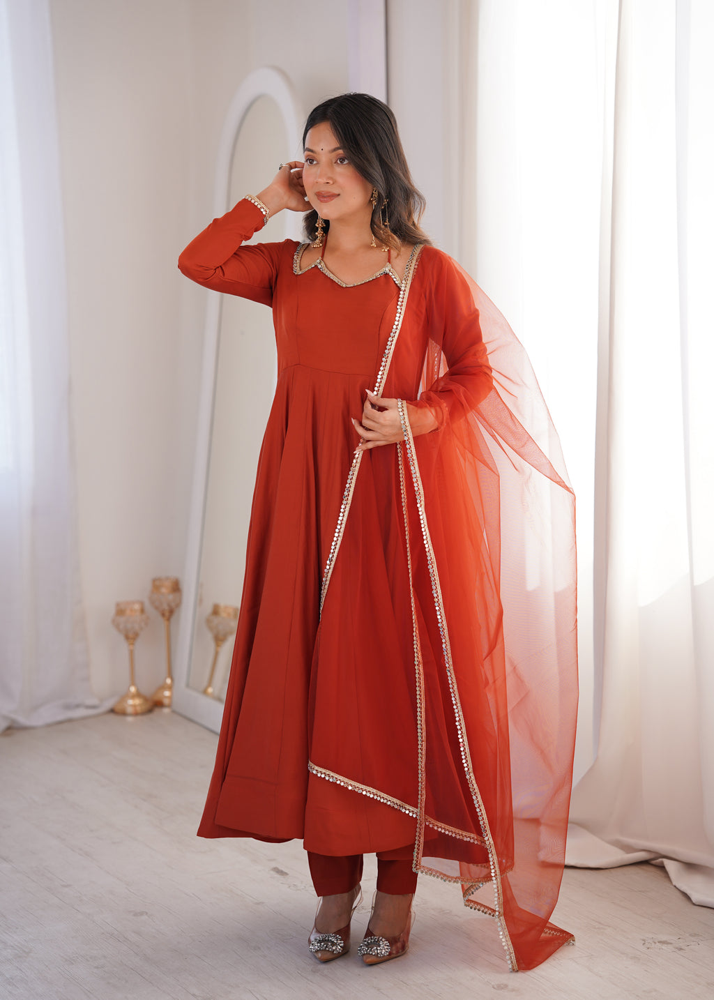 RomanSilk Chanderi Flared Anarkali Gown with Mirror Lace Dupatta & Pant Set