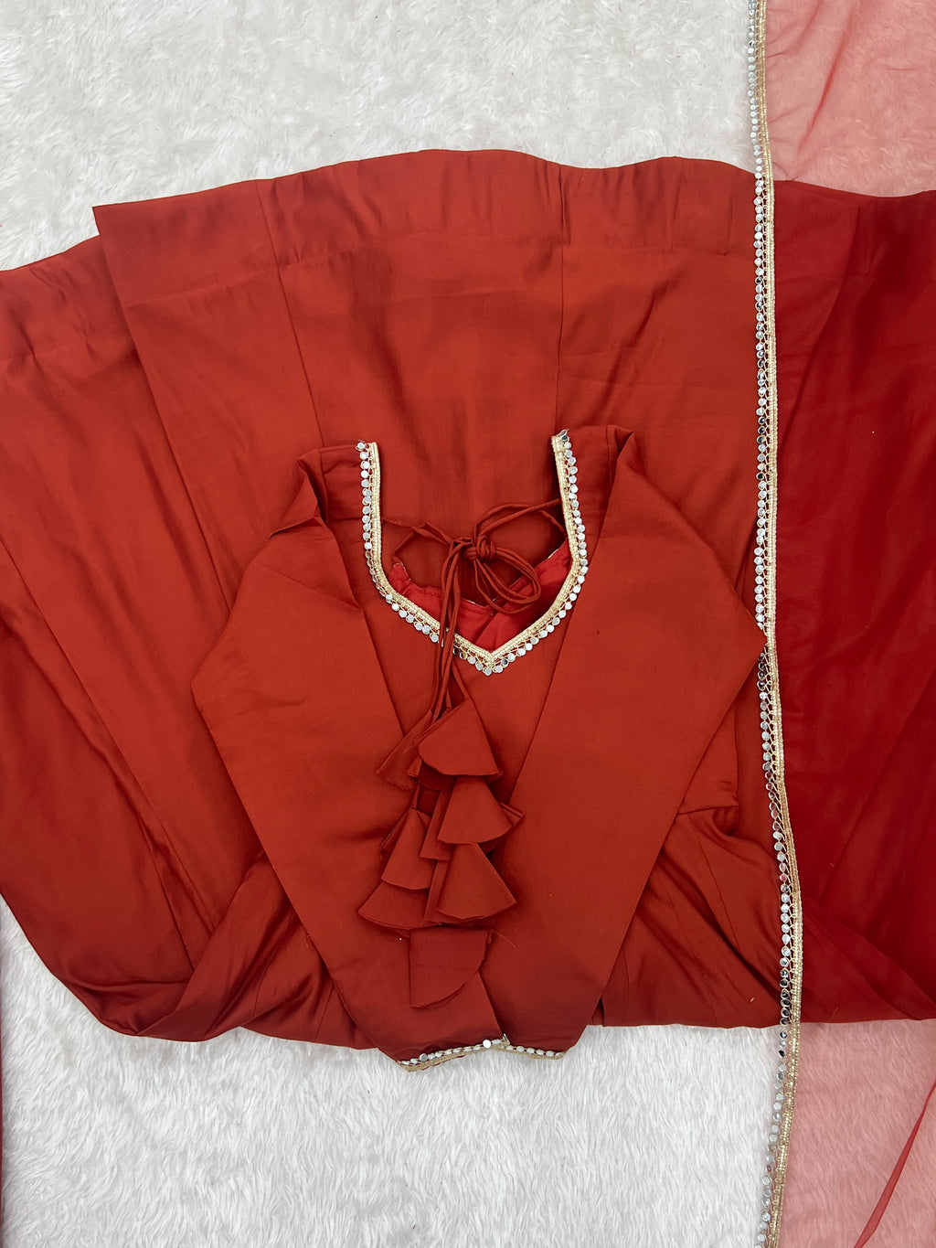 RomanSilk Chanderi Flared Anarkali Gown with Mirror Lace Dupatta & Pant Set