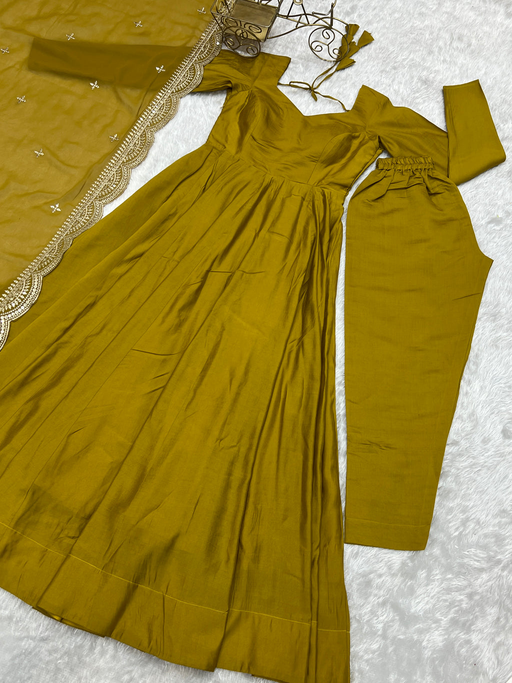 Romansilk Chanderi 16-Kali Anarkali Gown with Sequin Cutwork Dupatta & Stitched Pant