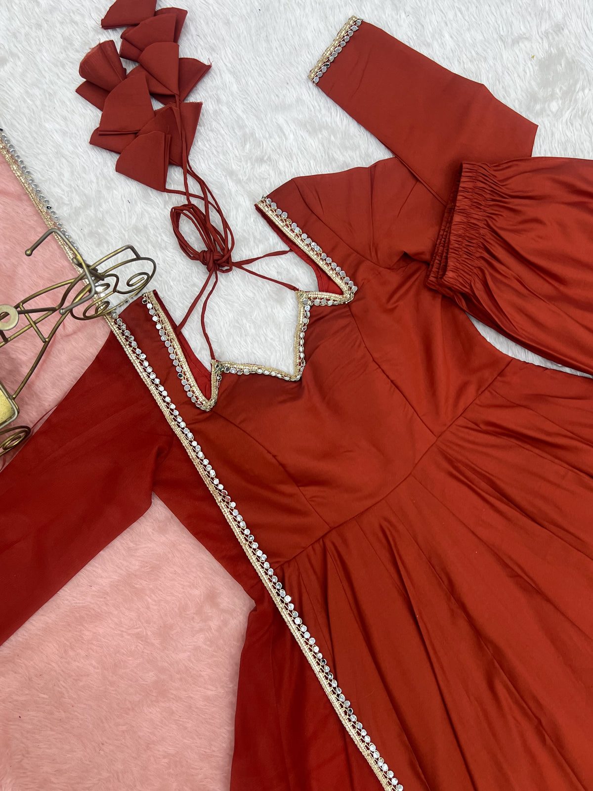 RomanSilk Chanderi Flared Anarkali Gown with Mirror Lace Dupatta & Pant Set