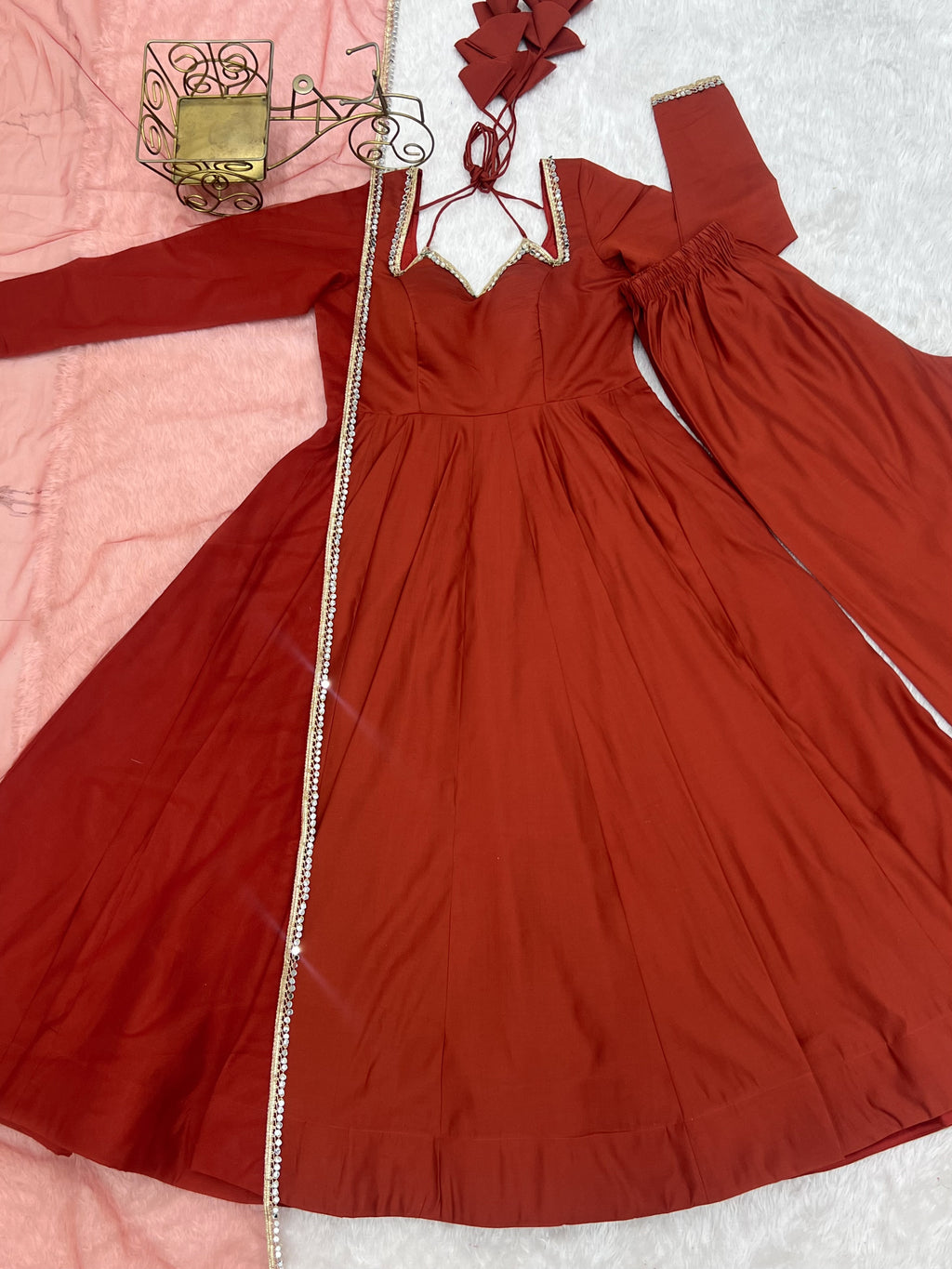 RomanSilk Chanderi Flared Anarkali Gown with Mirror Lace Dupatta & Pant Set