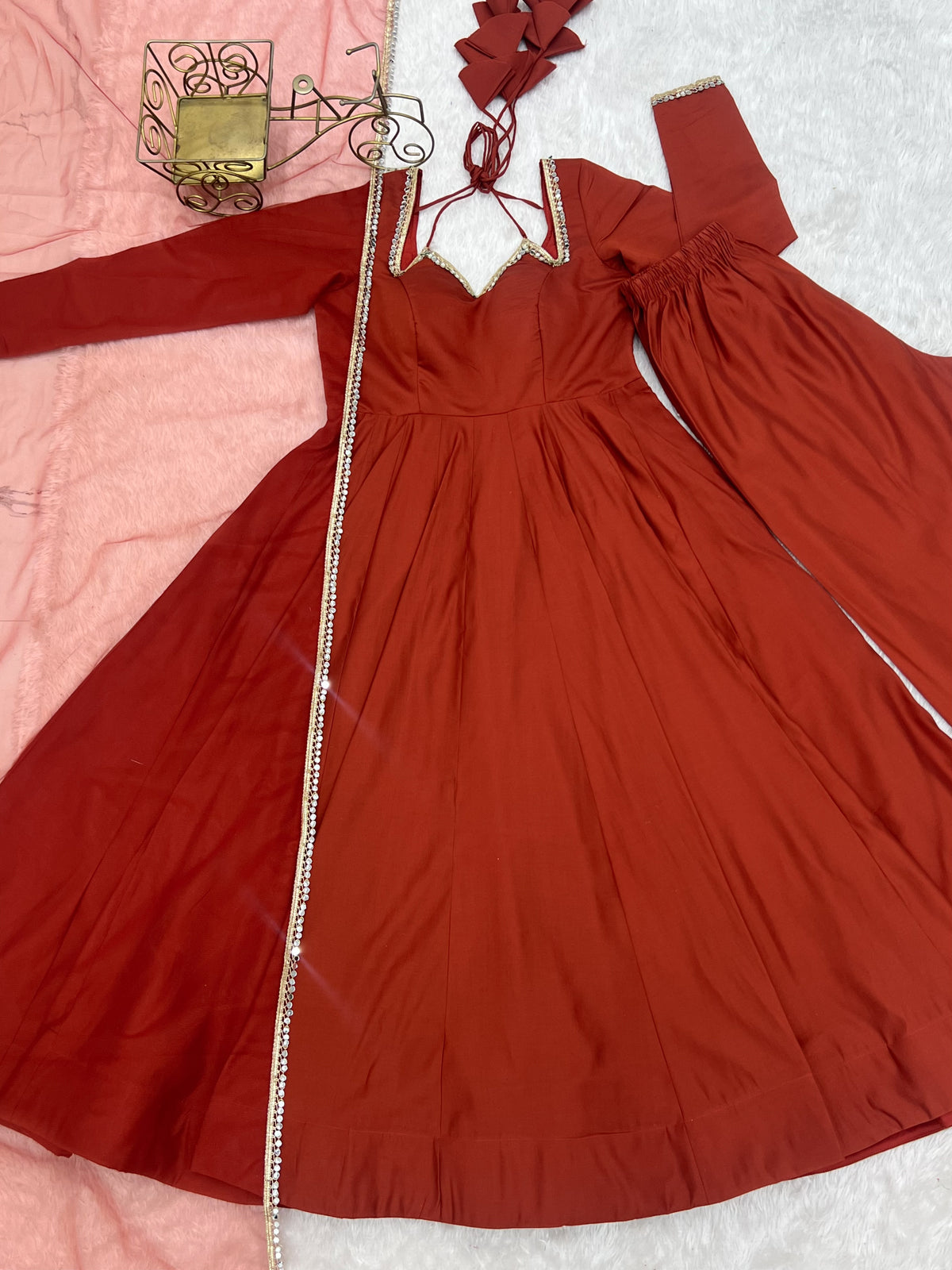 RomanSilk Chanderi Flared Anarkali Gown with Mirror Lace Dupatta & Pant Set