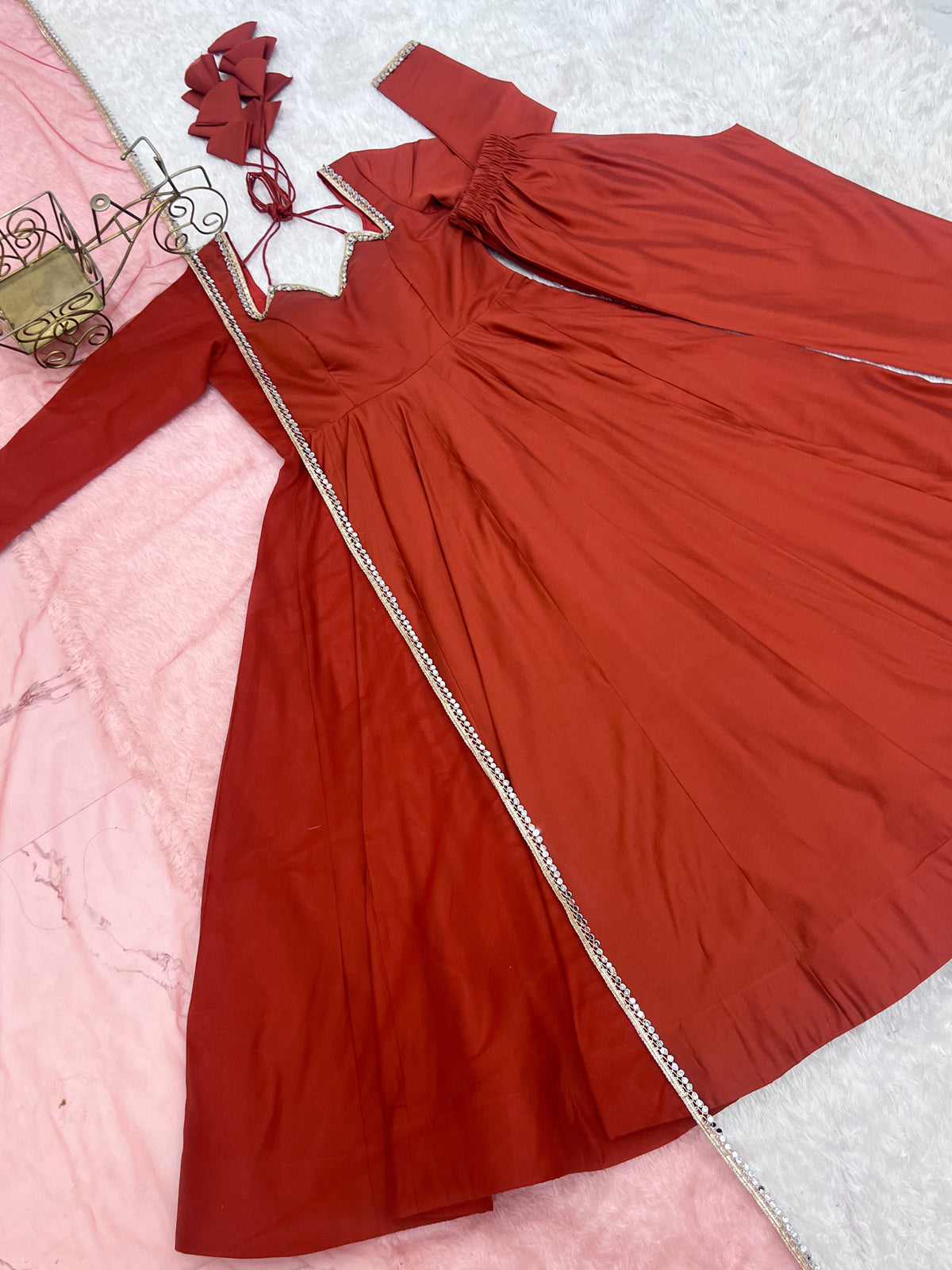 RomanSilk Chanderi Flared Anarkali Gown with Mirror Lace Dupatta & Pant Set