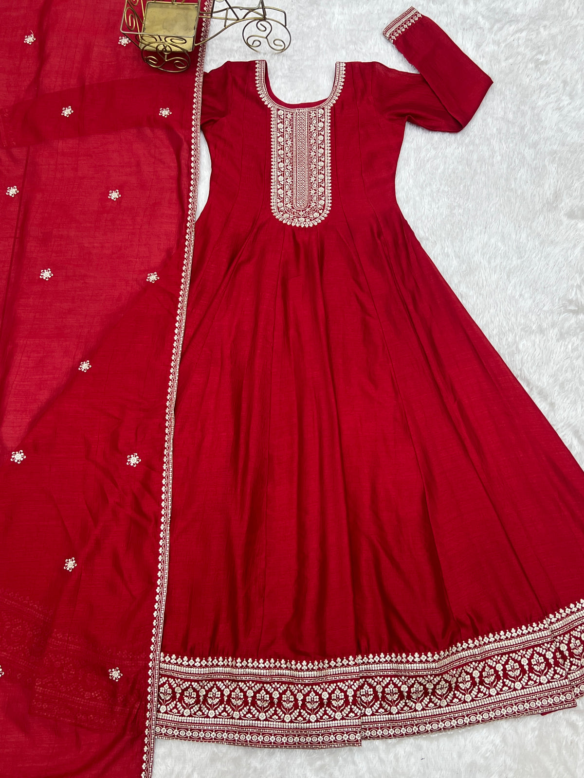 Dark Red Vichitra Silk Kali Anarkali Gown with Jari & Sequin Work Dupatta