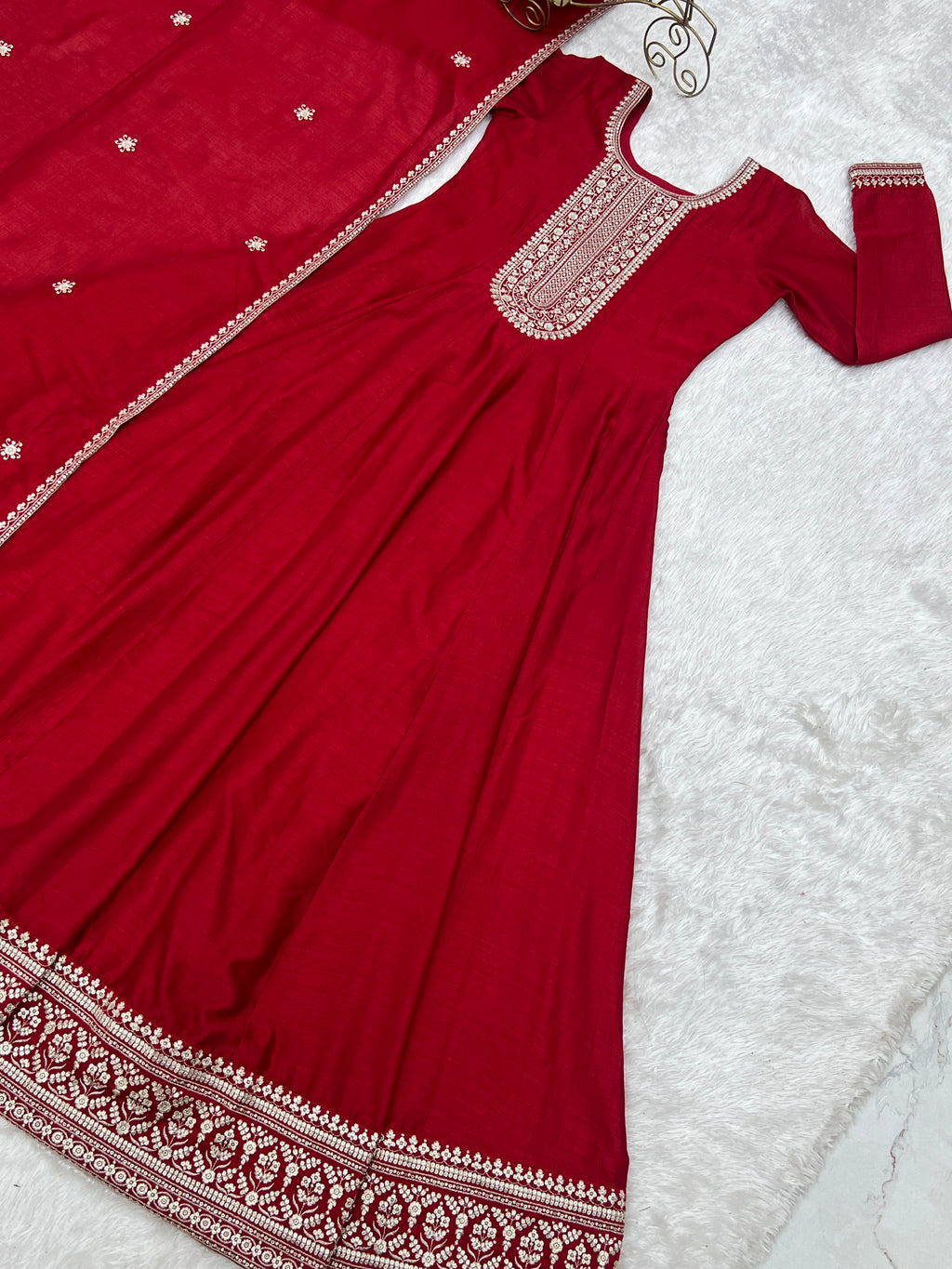 Dark Red Vichitra Silk Kali Anarkali Gown with Jari & Sequin Work Dupatta