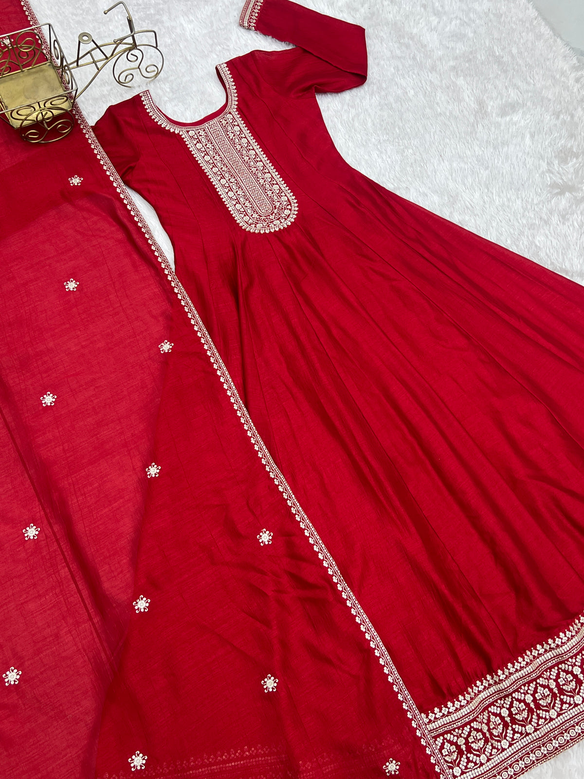 Dark Red Vichitra Silk Kali Anarkali Gown with Jari & Sequin Work Dupatta