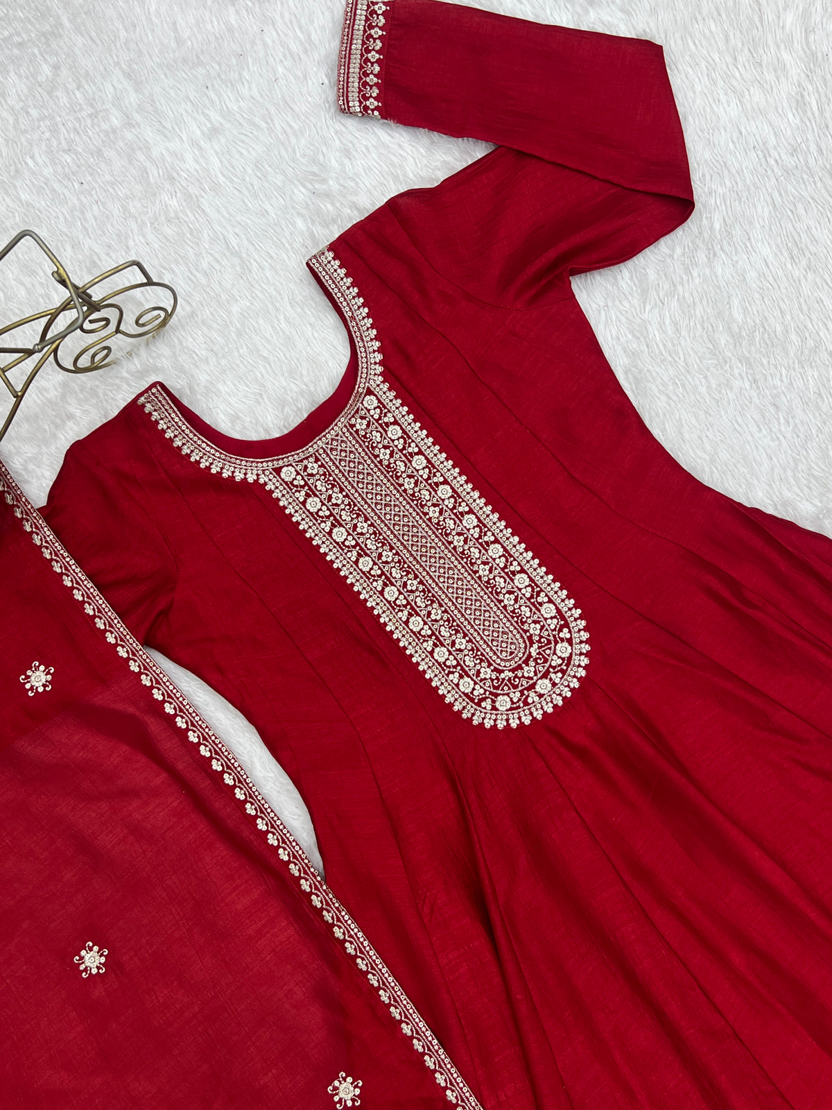 Dark Red Vichitra Silk Kali Anarkali Gown with Jari & Sequin Work Dupatta