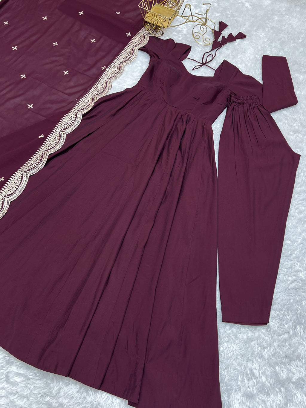 Romansilk Chanderi 16-Kali Anarkali Gown with Sequin Cutwork Dupatta & Stitched Pant