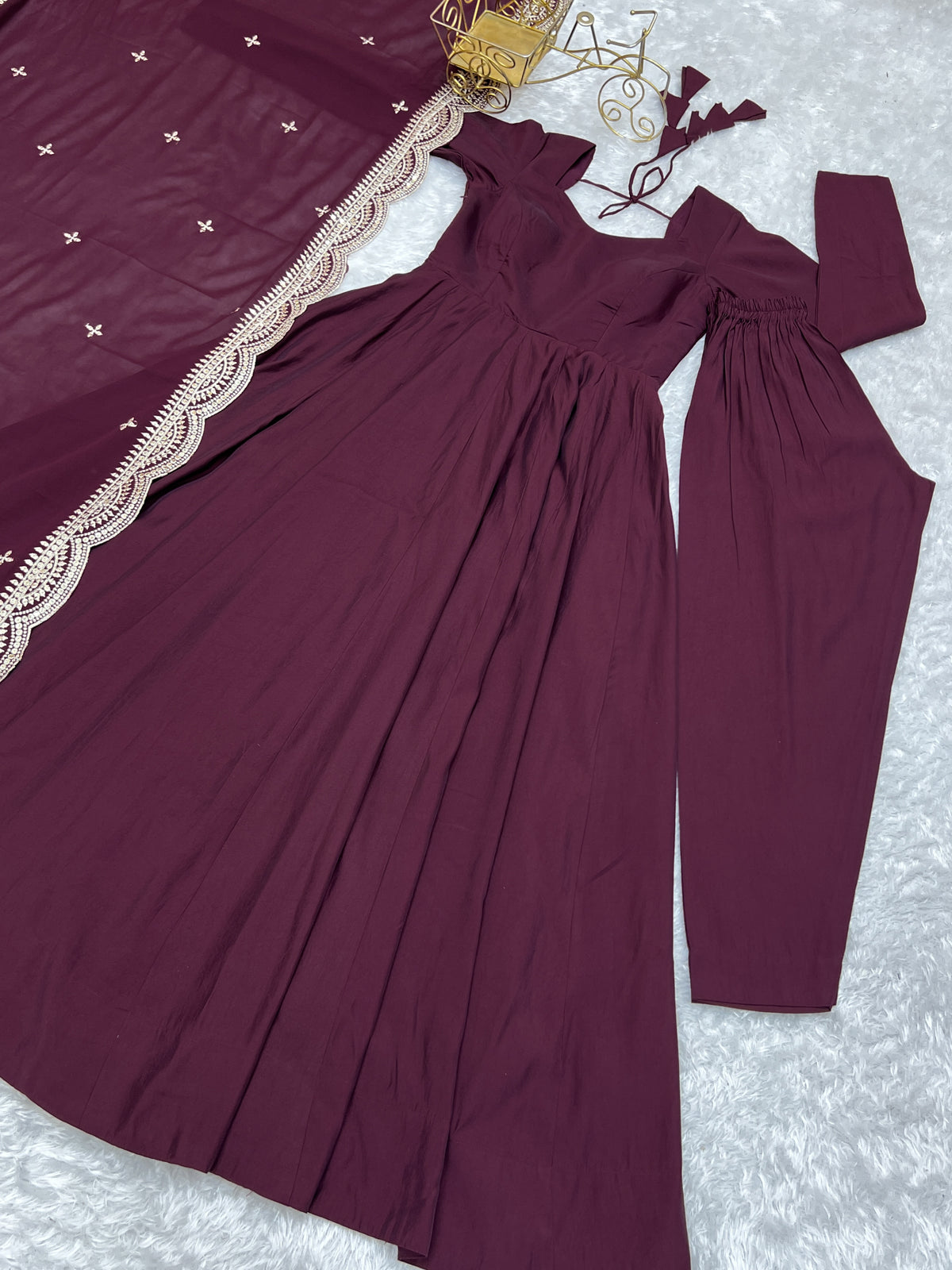 Romansilk Chanderi 16-Kali Anarkali Gown with Sequin Cutwork Dupatta & Stitched Pant
