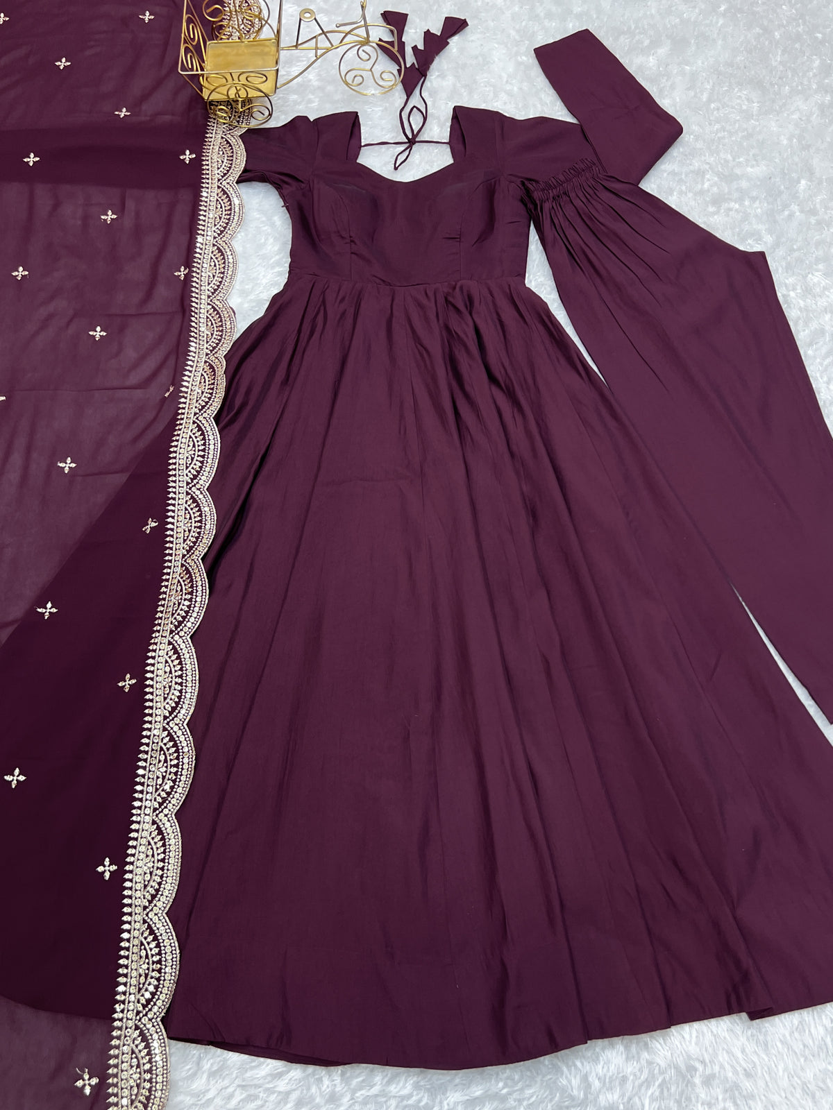 Romansilk Chanderi 16-Kali Anarkali Gown with Sequin Cutwork Dupatta & Stitched Pant
