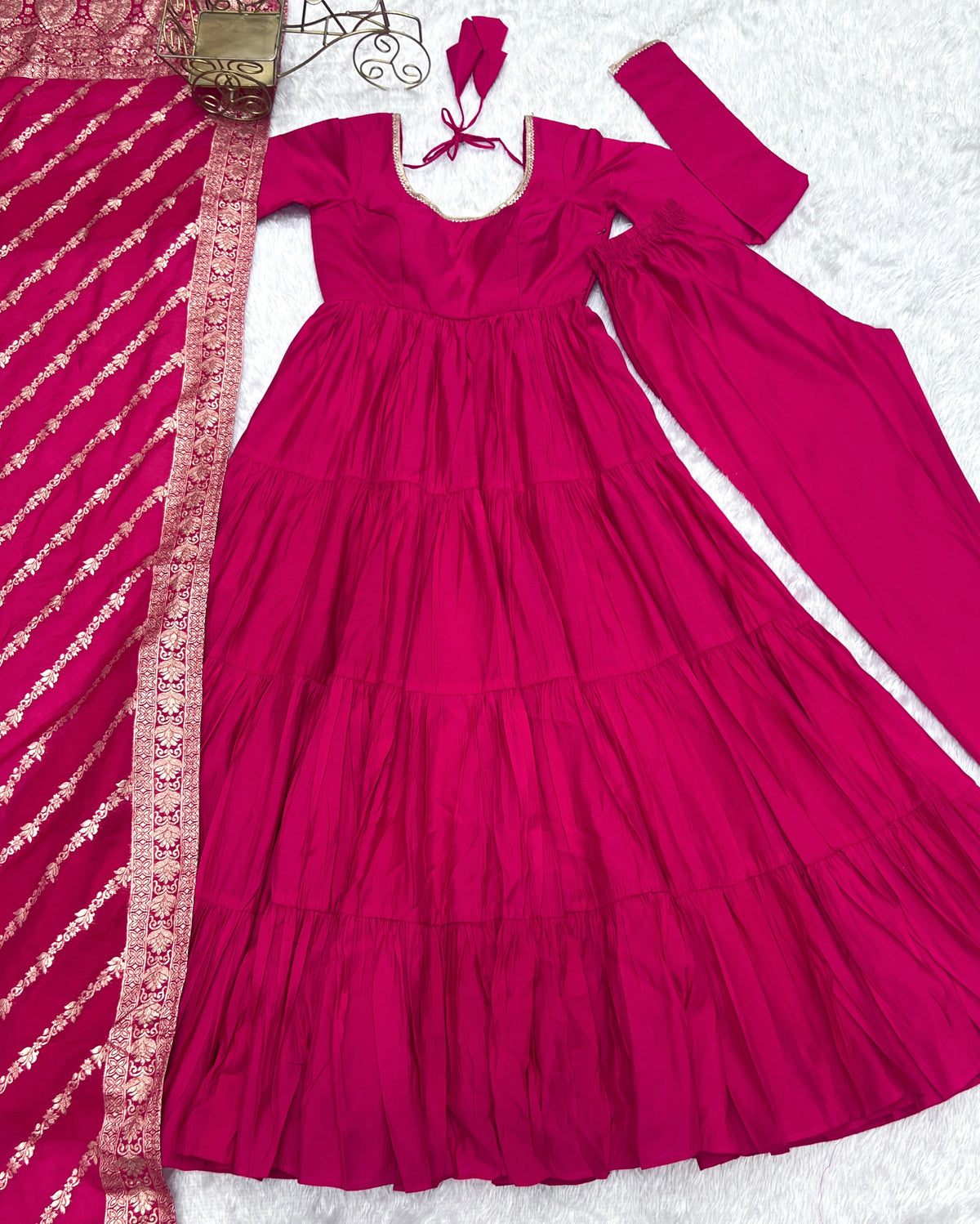 Romansilk Chanderi 9M+ Flair Anarkali Set with Padded Yoke & Banarasi Jacquard Dupatta