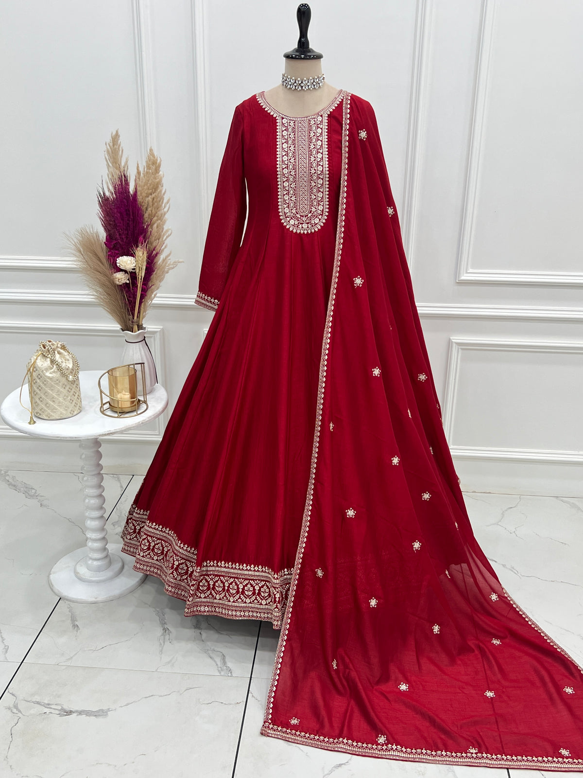 Dark Red Vichitra Silk Kali Anarkali Gown with Jari & Sequin Work Dupatta
