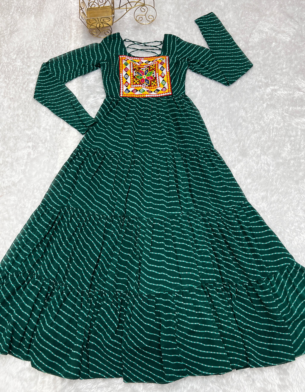 Laheriya Print Faux Georgette 7M+ Flair Anarkali Gown with Gamthi Yoke & Back Dori