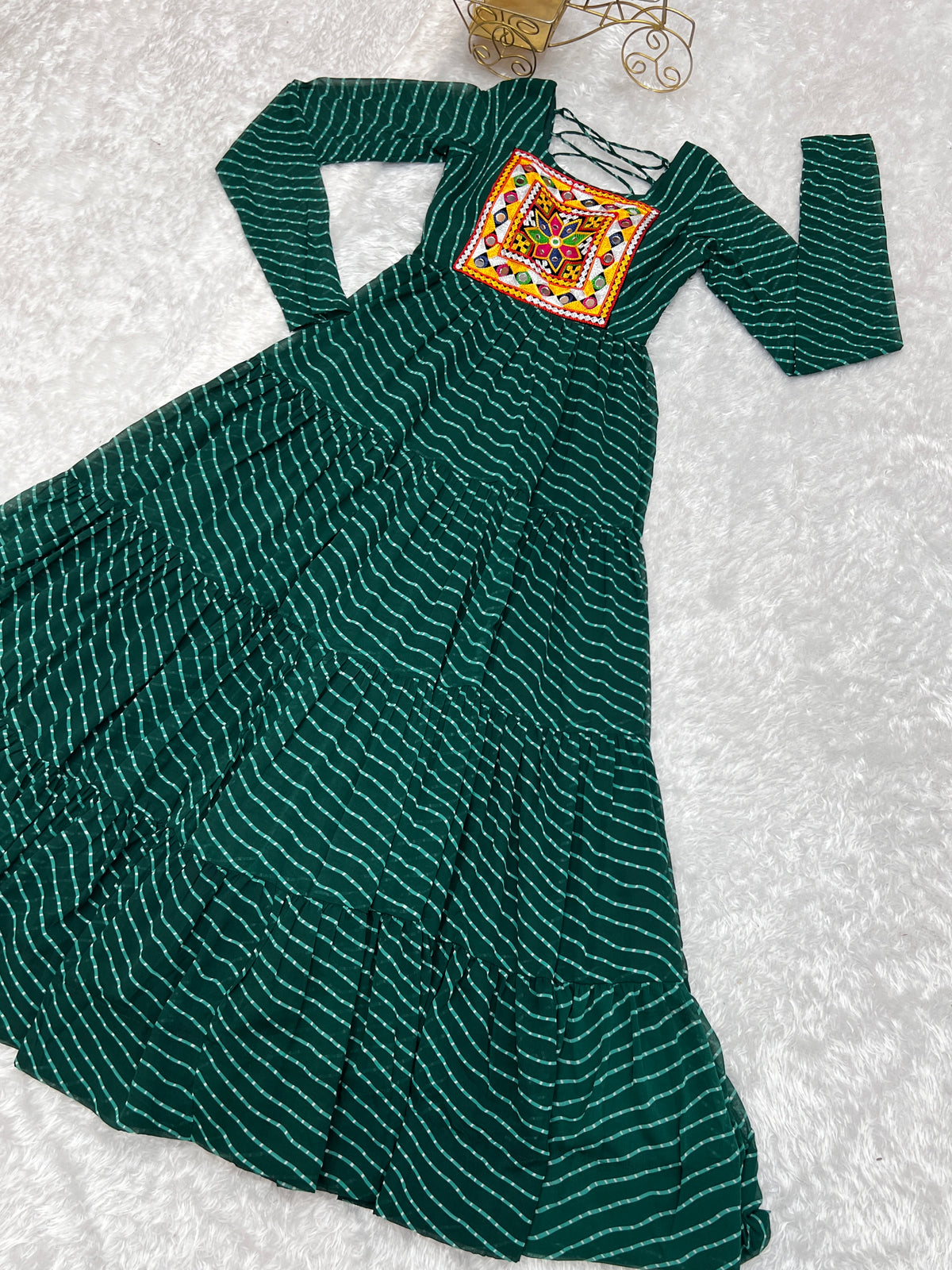 Laheriya Print Faux Georgette 7M+ Flair Anarkali Gown with Gamthi Yoke & Back Dori