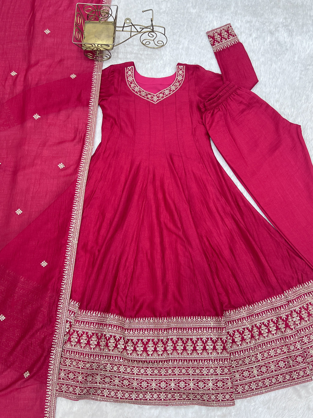 Blooming Vichitra Silk Flared Anarkali Gown with Dupatta & Pant Set