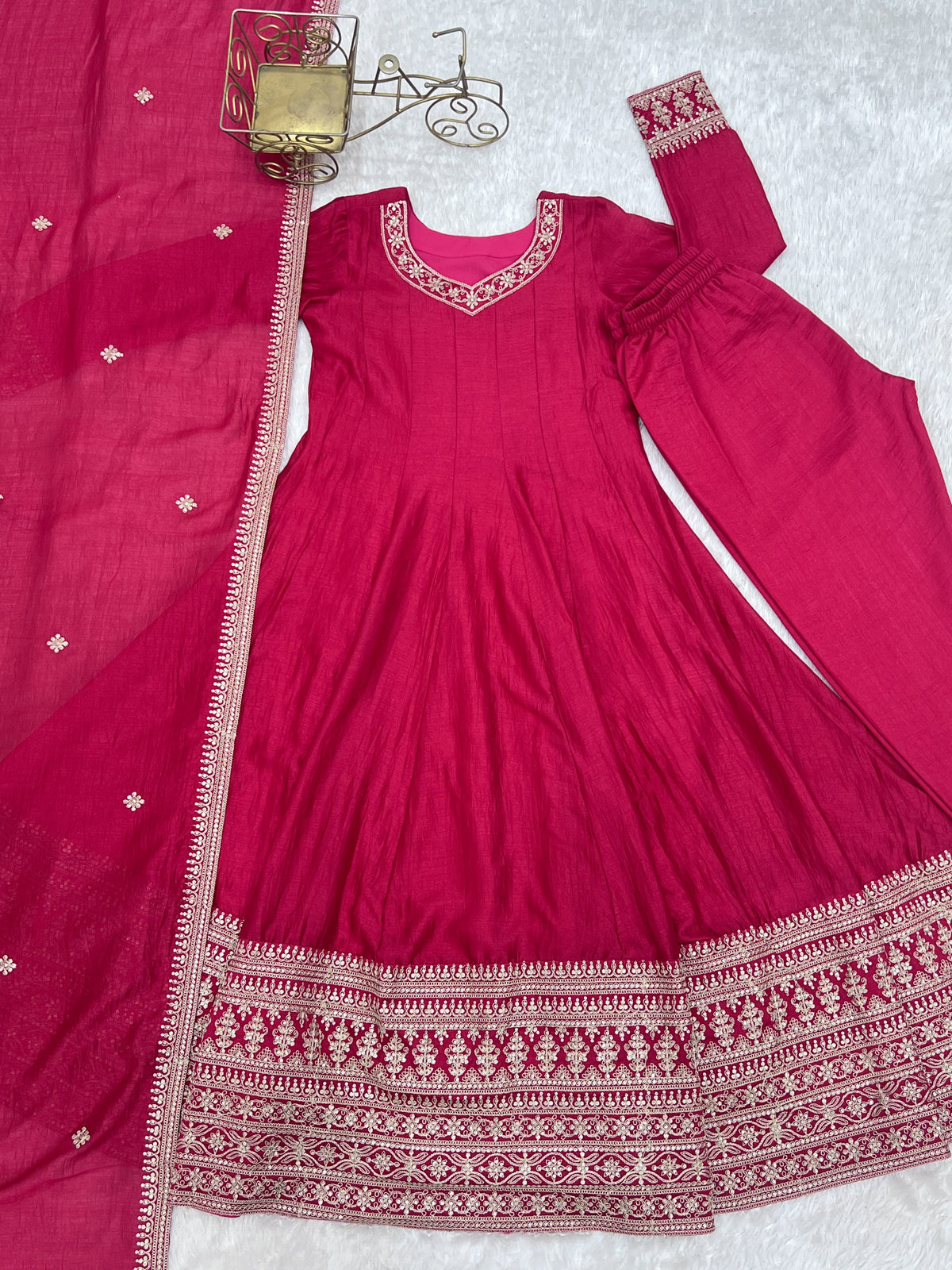 Blooming Vichitra Silk Flared Anarkali Gown with Dupatta & Pant Set