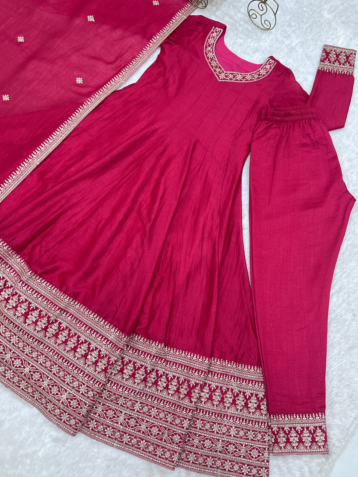 Blooming Vichitra Silk Flared Anarkali Gown with Dupatta & Pant Set