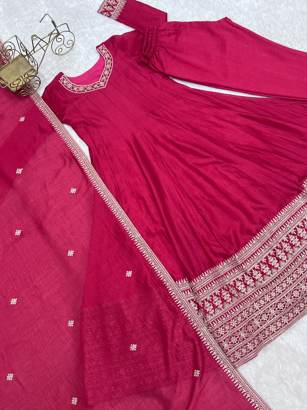 Blooming Vichitra Silk Flared Anarkali Gown with Dupatta & Pant Set