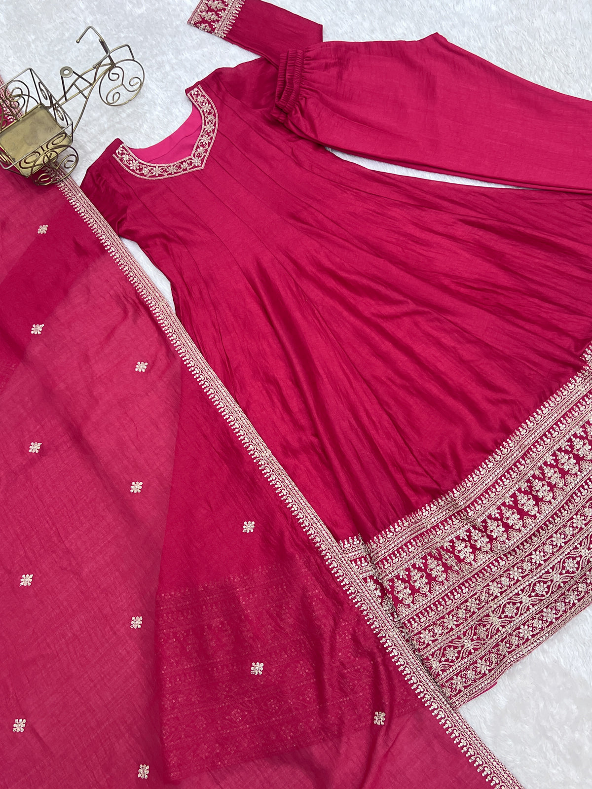 Blooming Vichitra Silk Flared Anarkali Gown with Dupatta & Pant Set