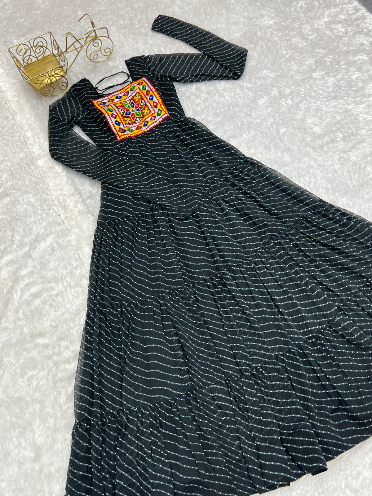 Laheriya Print Faux Georgette 7M+ Flair Anarkali Gown with Gamthi Yoke & Back Dori