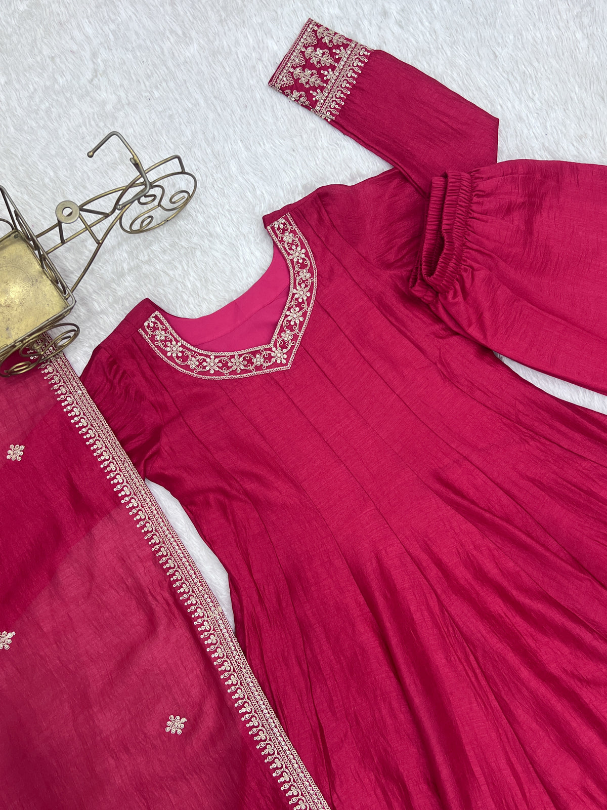 Blooming Vichitra Silk Flared Anarkali Gown with Dupatta & Pant Set