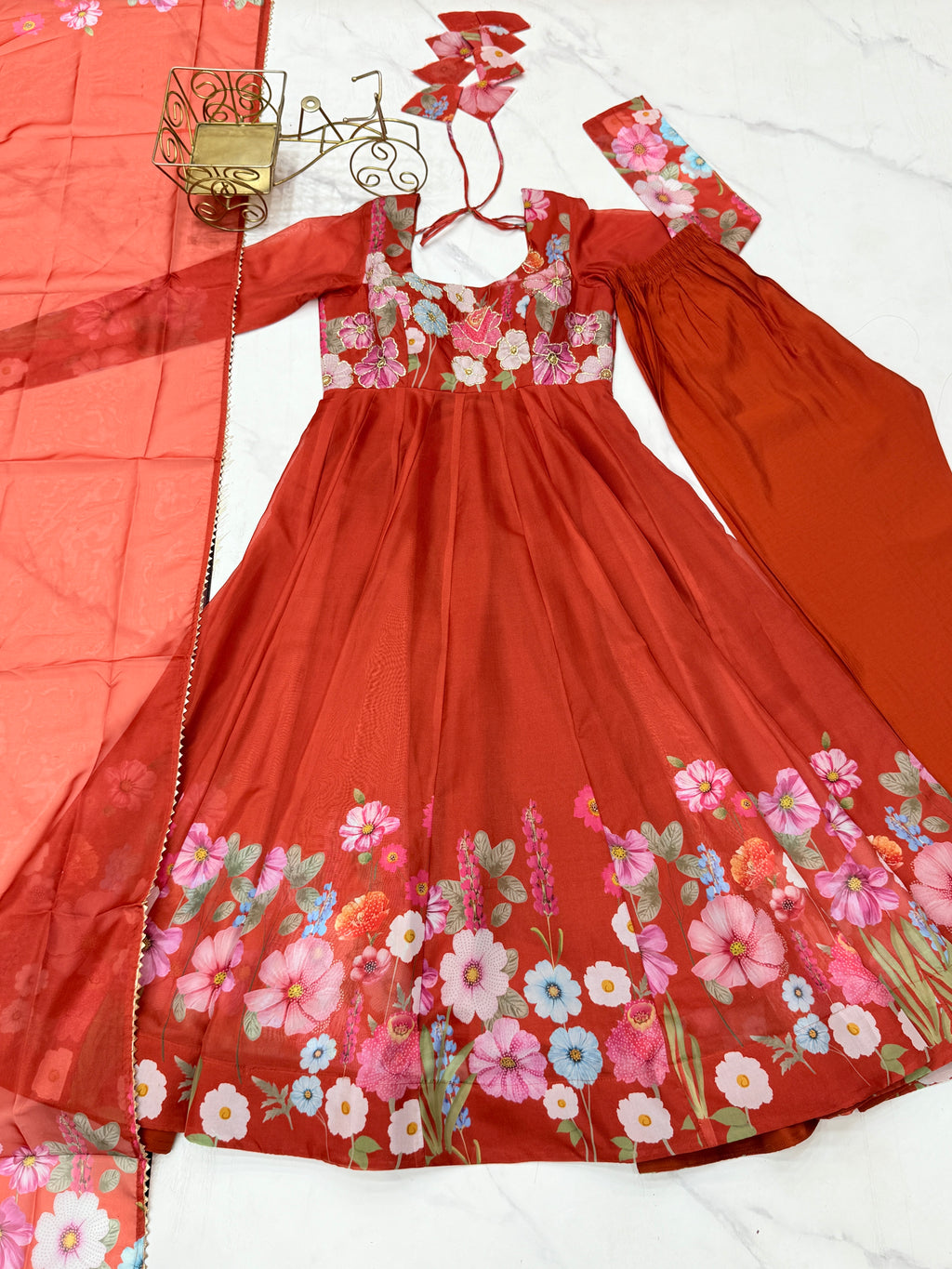 Floral Organza Silk Printed Anarkali with Badla Jari Handwork & Gota Patti Dupatta