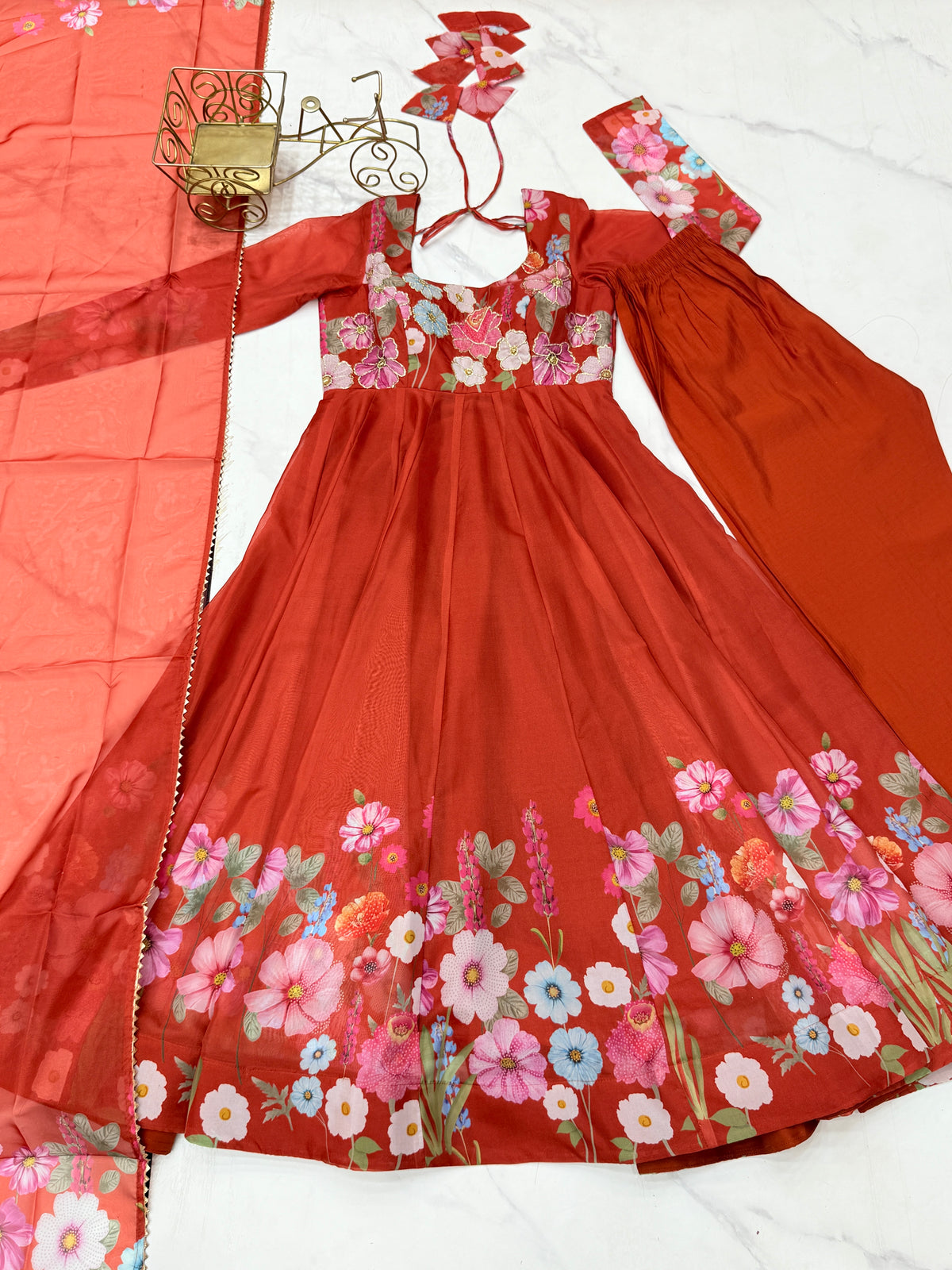 Floral Organza Silk Printed Anarkali with Badla Jari Handwork & Gota Patti Dupatta