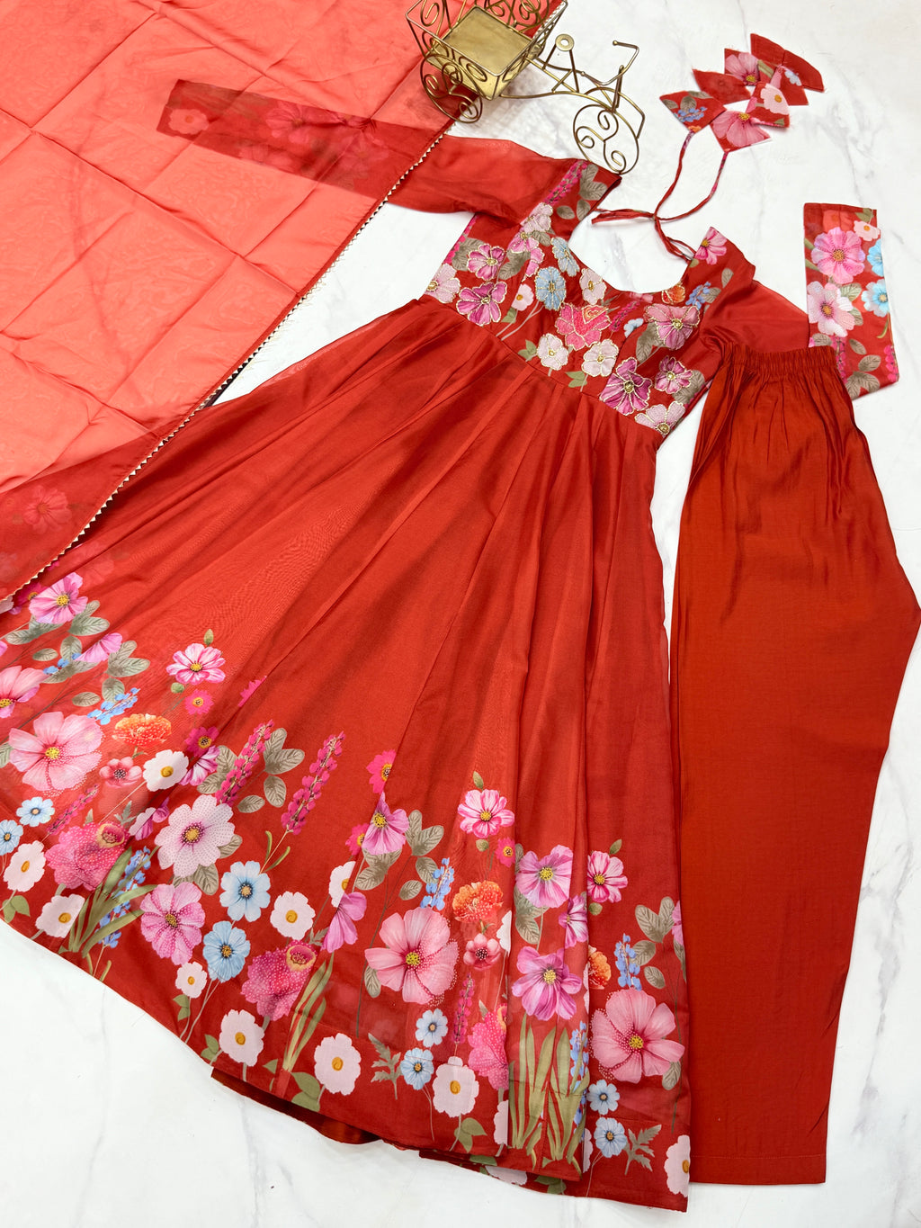 Floral Organza Silk Printed Anarkali with Badla Jari Handwork & Gota Patti Dupatta