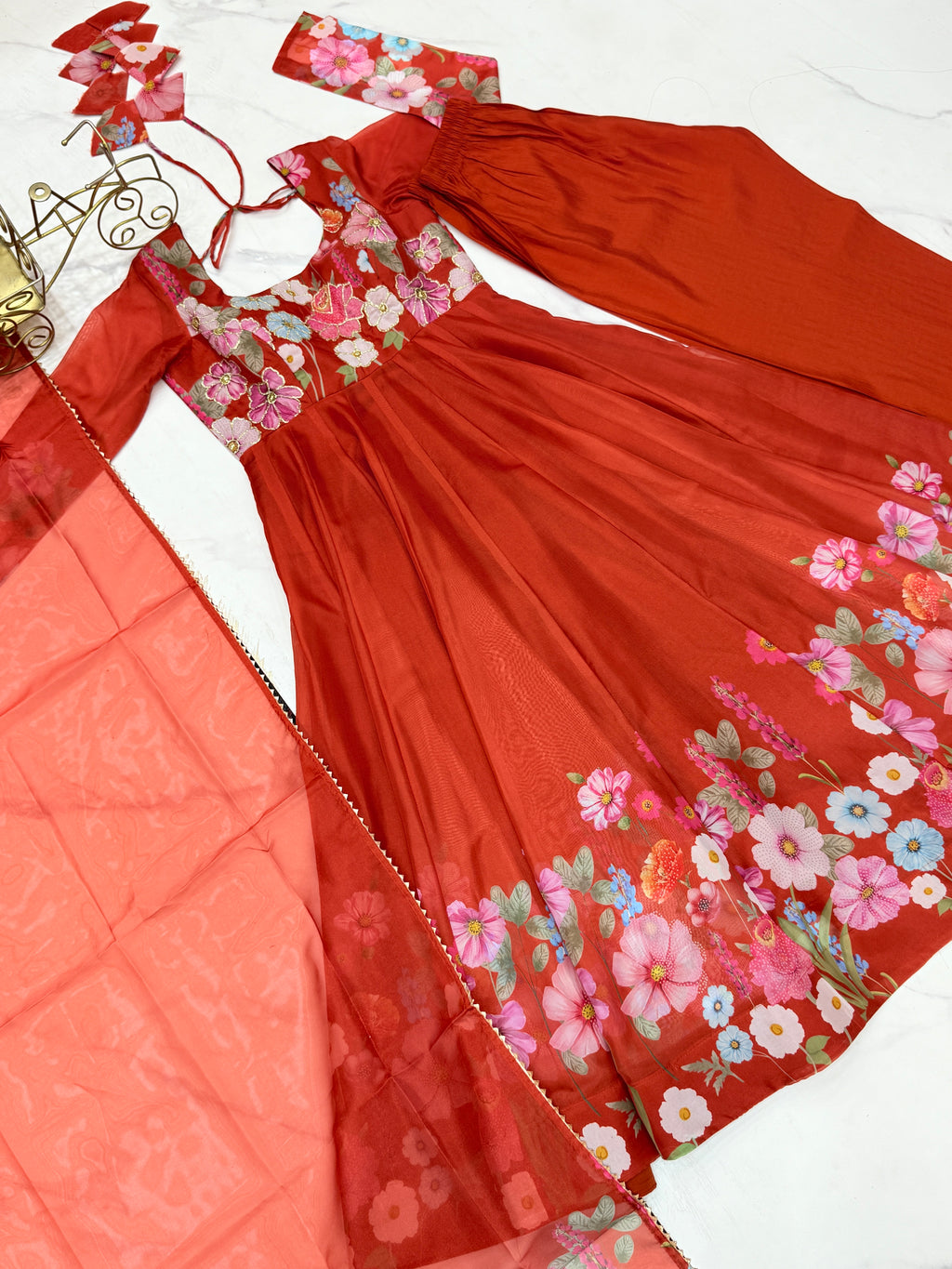Floral Organza Silk Printed Anarkali with Badla Jari Handwork & Gota Patti Dupatta