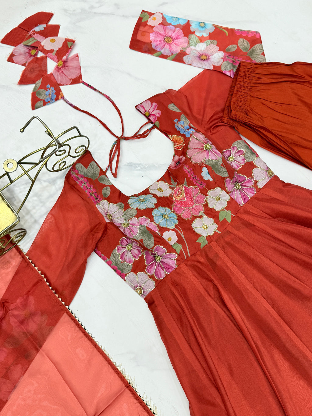 Floral Organza Silk Printed Anarkali with Badla Jari Handwork & Gota Patti Dupatta