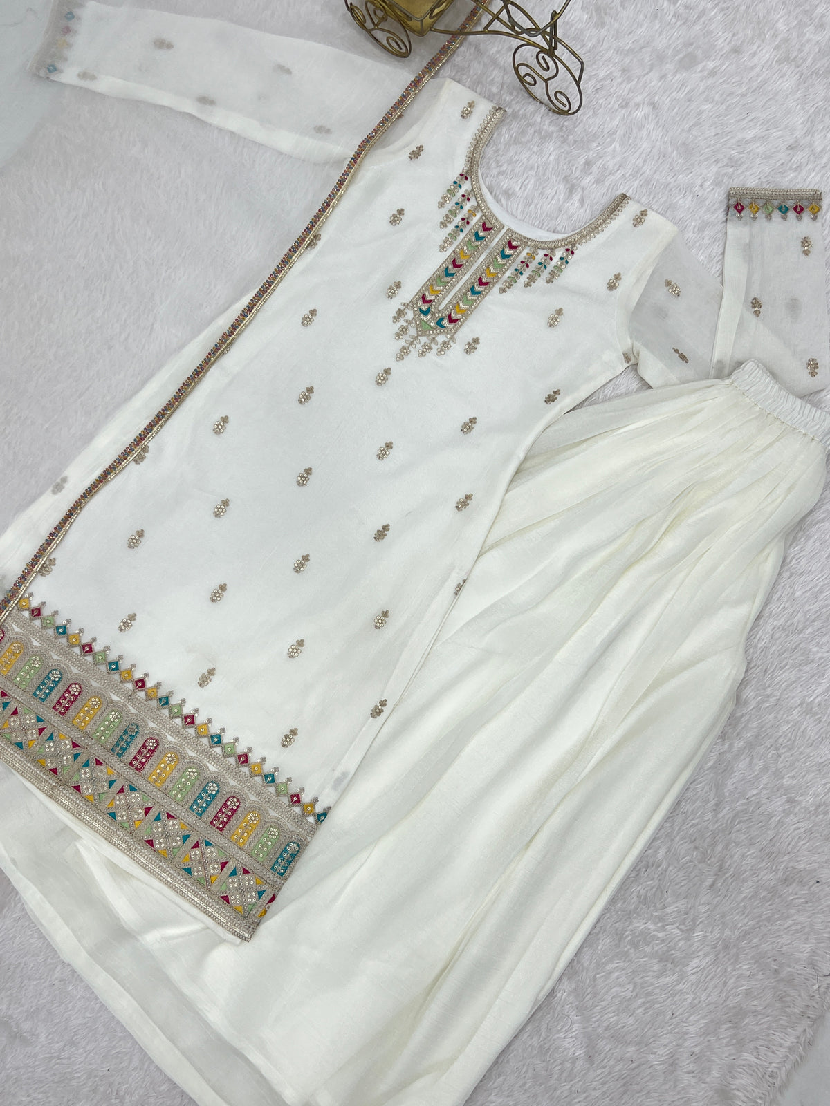 Premium Crunchy Silk Embroidered Sharara Set with Multicolor Lace Dupatta