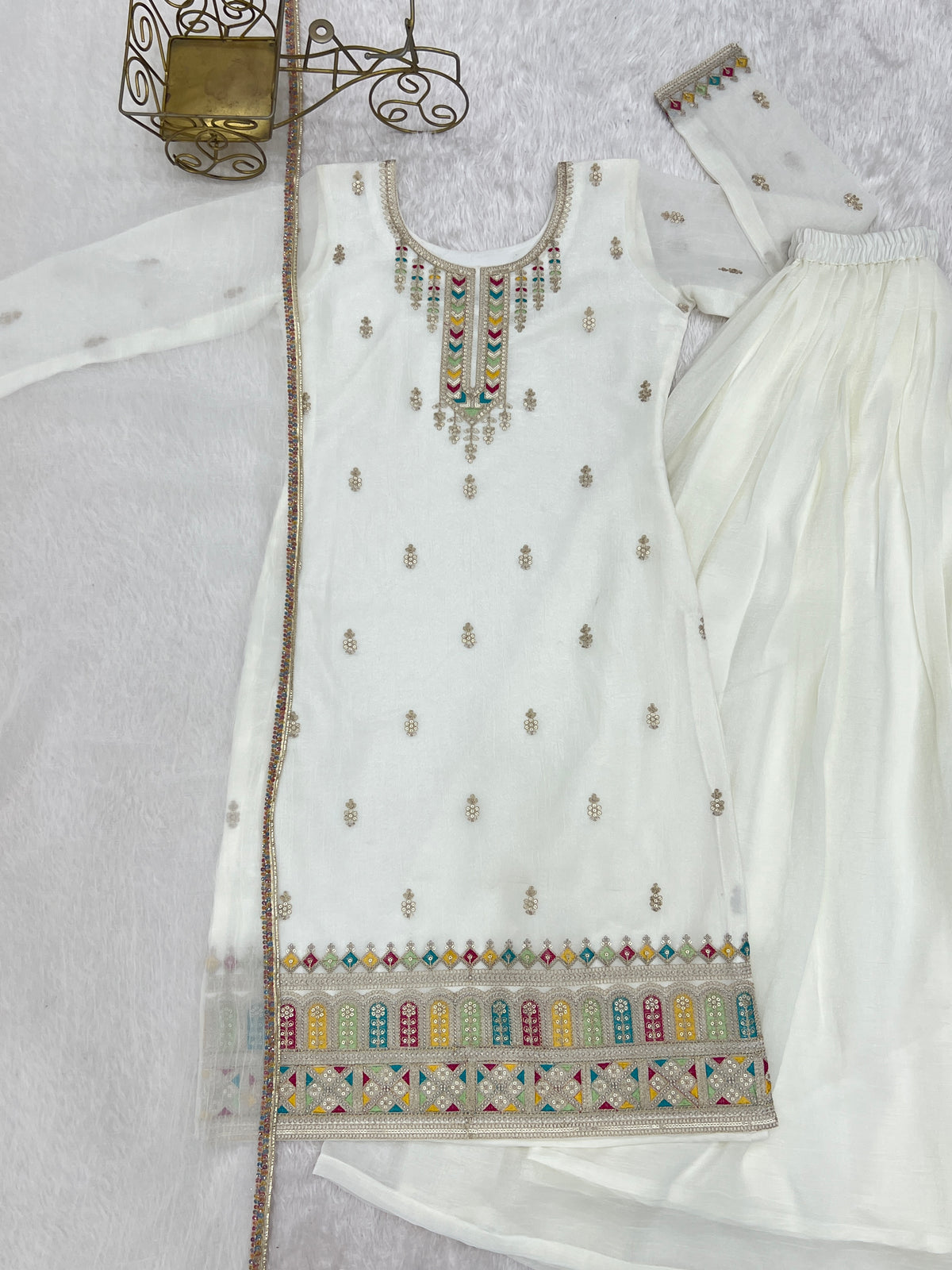 Premium Crunchy Silk Embroidered Sharara Set with Multicolor Lace Dupatta