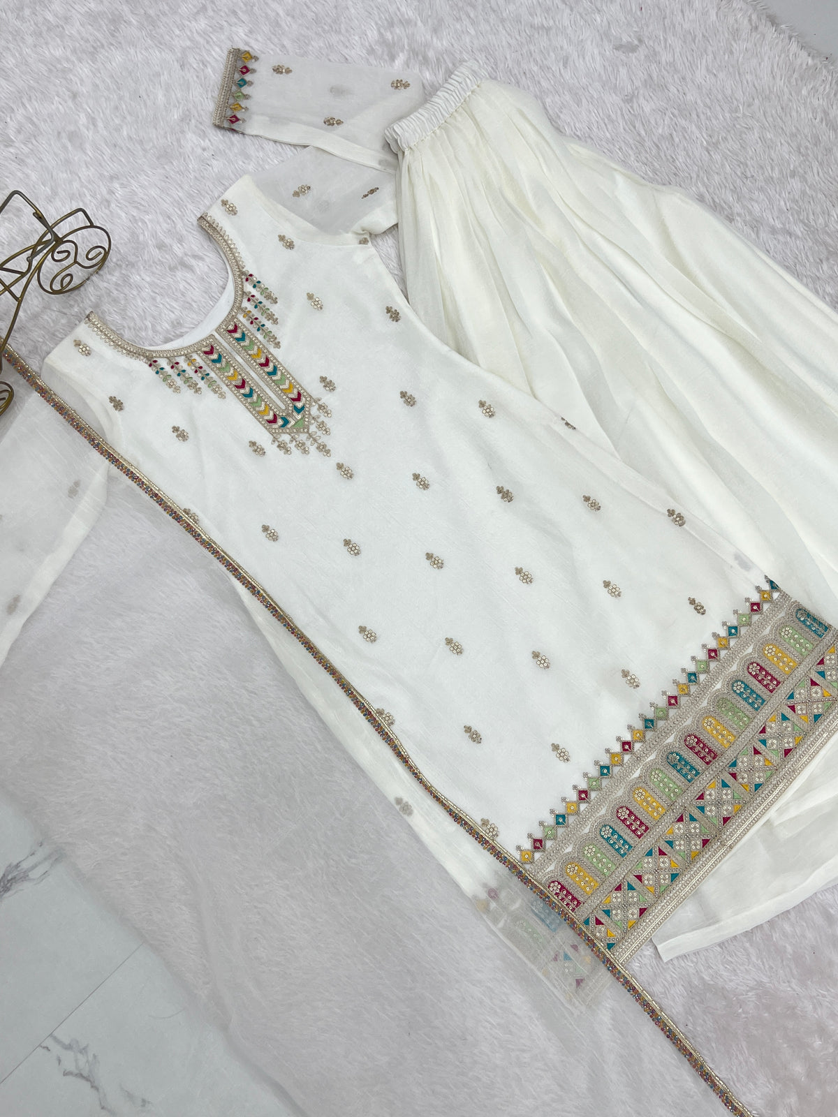 Premium Crunchy Silk Embroidered Sharara Set with Multicolor Lace Dupatta