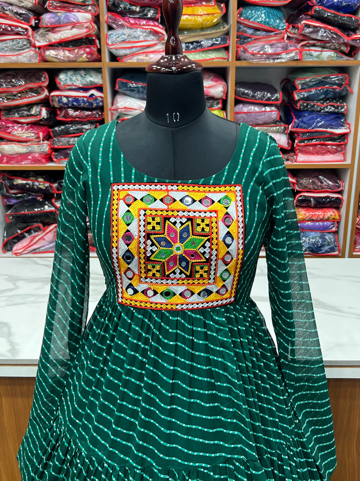 Laheriya Print Faux Georgette 7M+ Flair Anarkali Gown with Gamthi Yoke & Back Dori