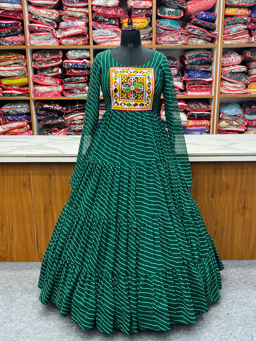 Laheriya Print Faux Georgette 7M+ Flair Anarkali Gown with Gamthi Yoke & Back Dori