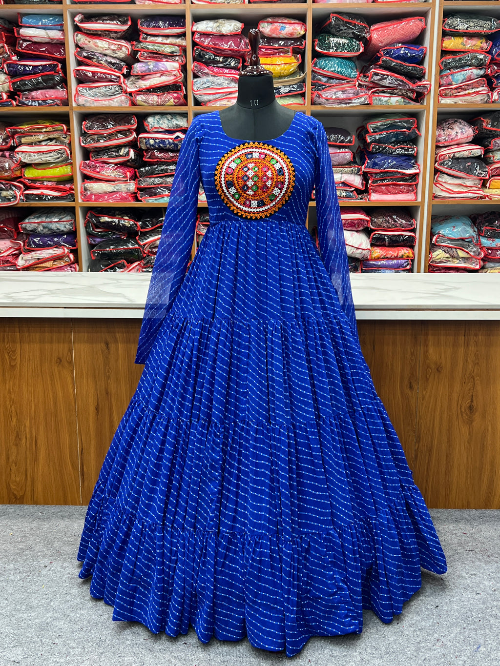 Laheriya Print Faux Georgette 7M+ Flair Anarkali Gown with Gamthi Yoke & Back Dori