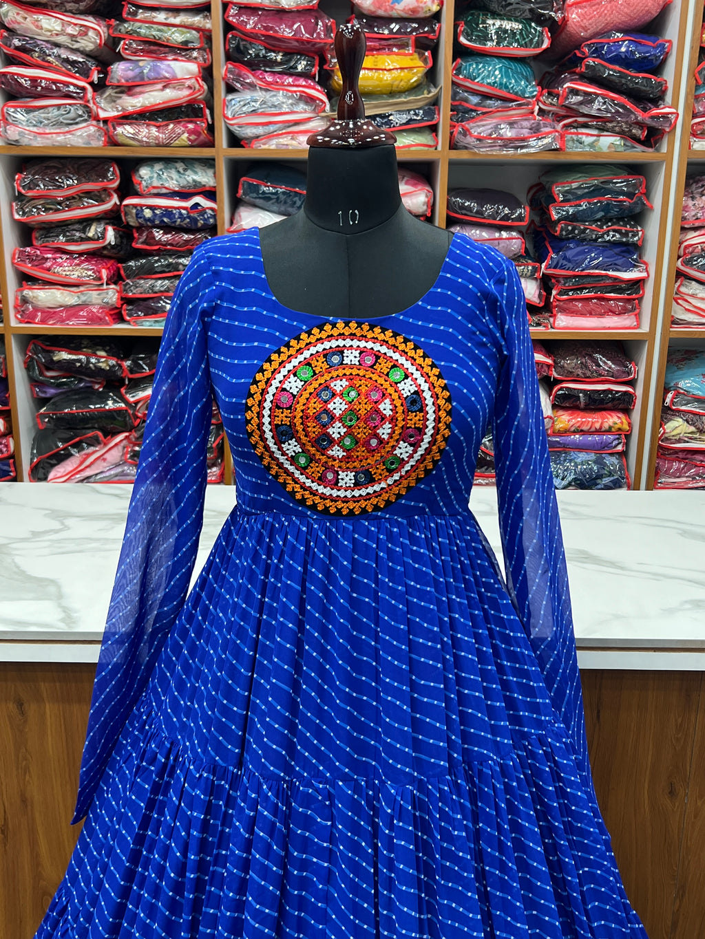 Laheriya Print Faux Georgette 7M+ Flair Anarkali Gown with Gamthi Yoke & Back Dori