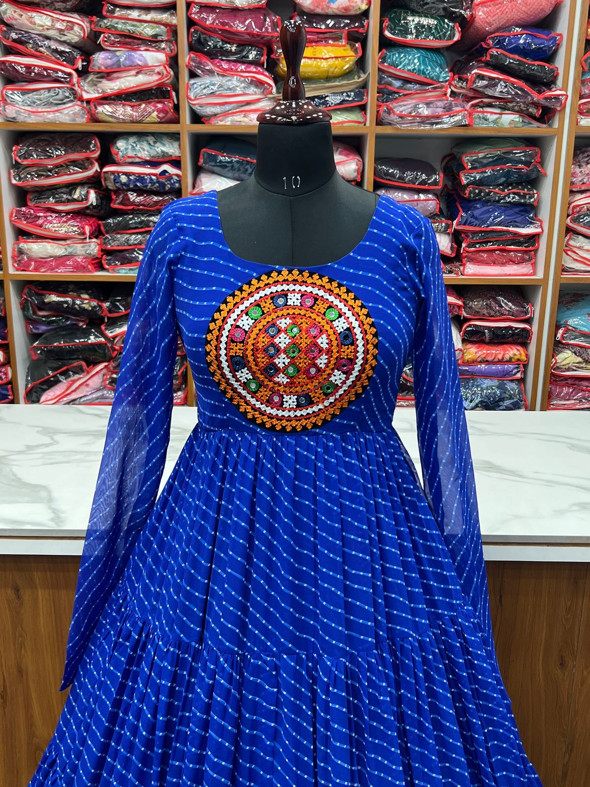 Laheriya Print Faux Georgette 7M+ Flair Anarkali Gown with Gamthi Yoke & Back Dori