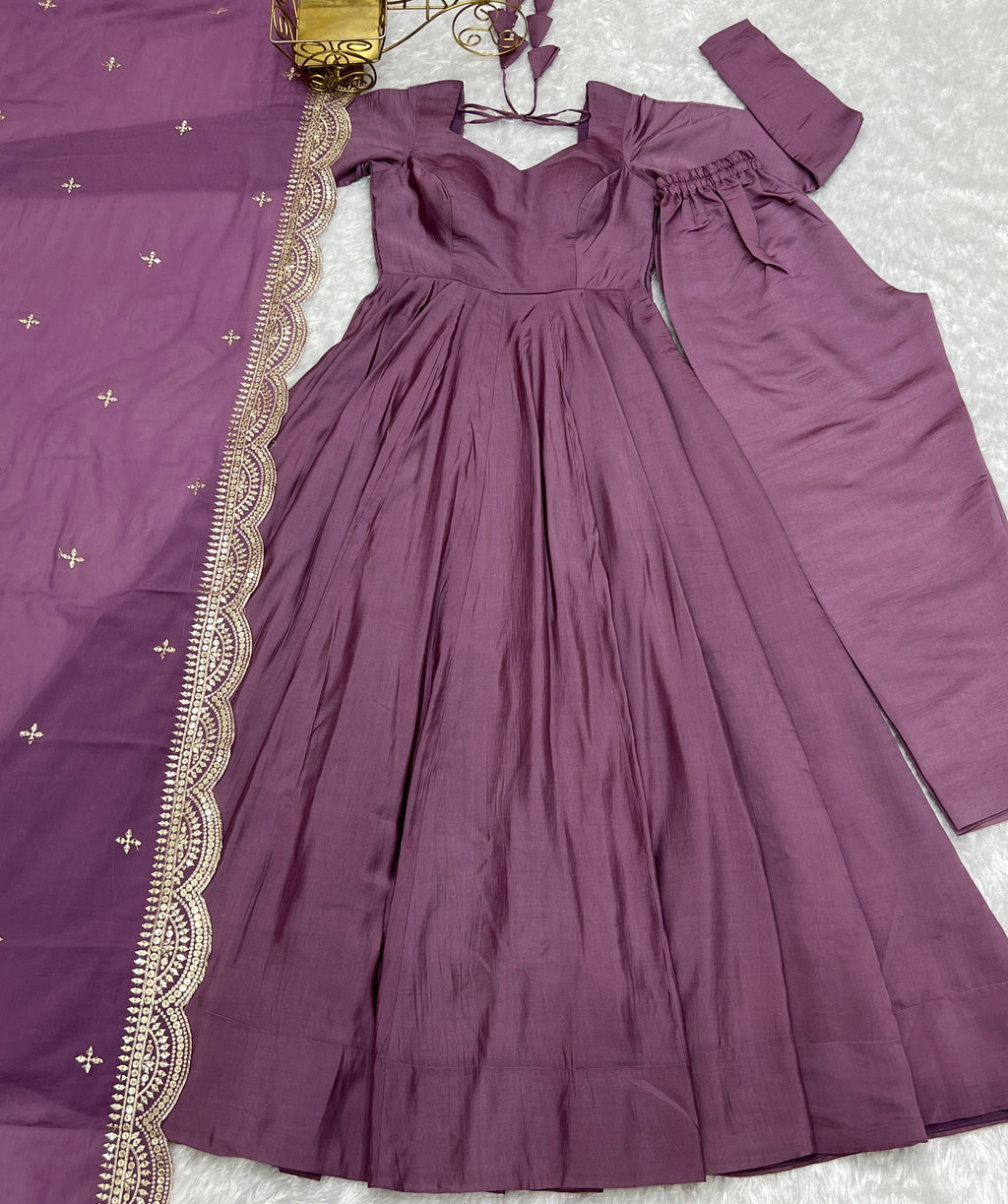 Romansilk Chanderi 16-Kali Anarkali Gown with Sequin Cutwork Dupatta & Stitched Pant