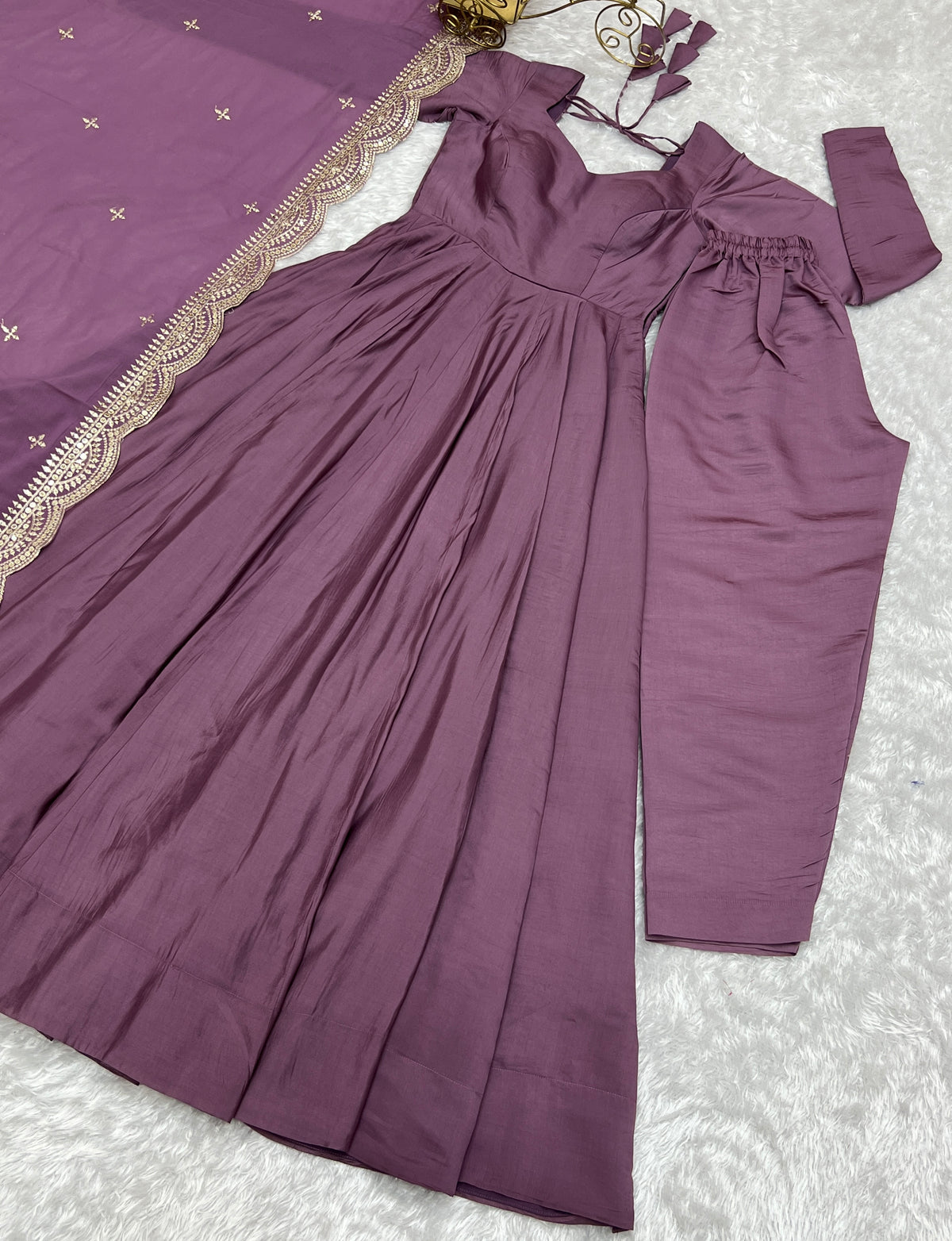 Romansilk Chanderi 16-Kali Anarkali Gown with Sequin Cutwork Dupatta & Stitched Pant