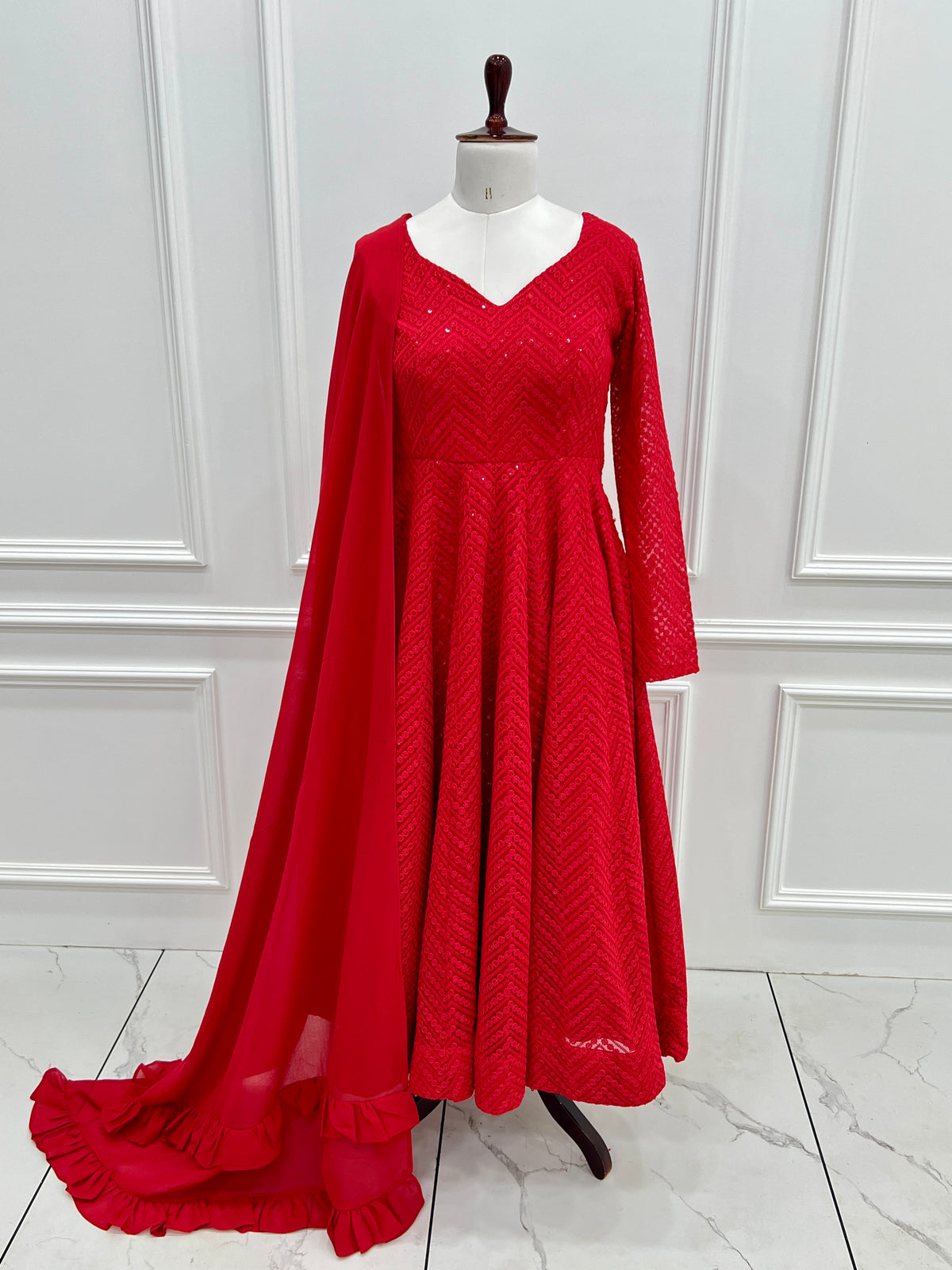 Lucknowi Faux Georgette Anarkali Suit with 4M Kali Flair, Sequin Work & Ruffle Dupatta