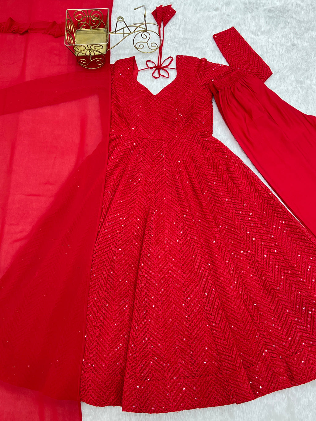 Lucknowi Faux Georgette Anarkali Suit with 4M Kali Flair, Sequin Work & Ruffle Dupatta
