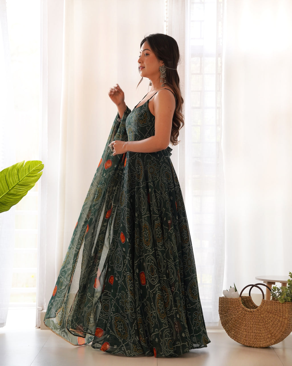 Lightweight Chiffon Bandhej 8M Flair Gown with Backless Dori Detail & Lace Dupatta